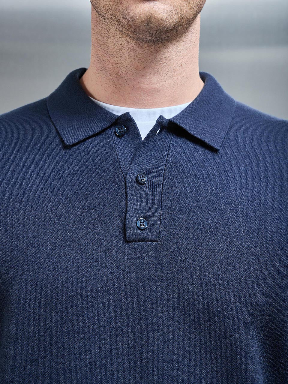Mens Chunky Knitted Polo Shirt in Navy