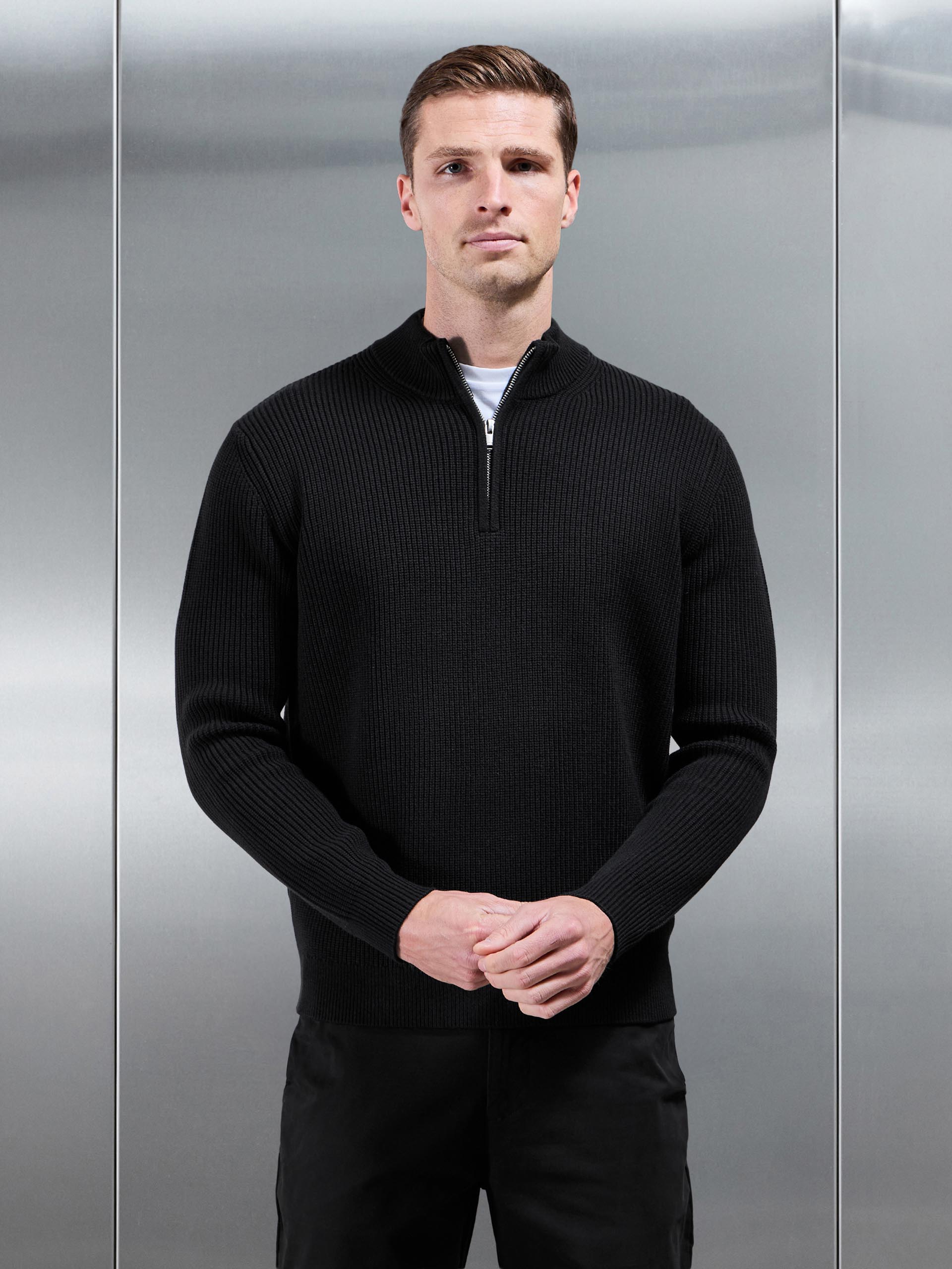 Mens Chunky Ribbed Half Zip in Black