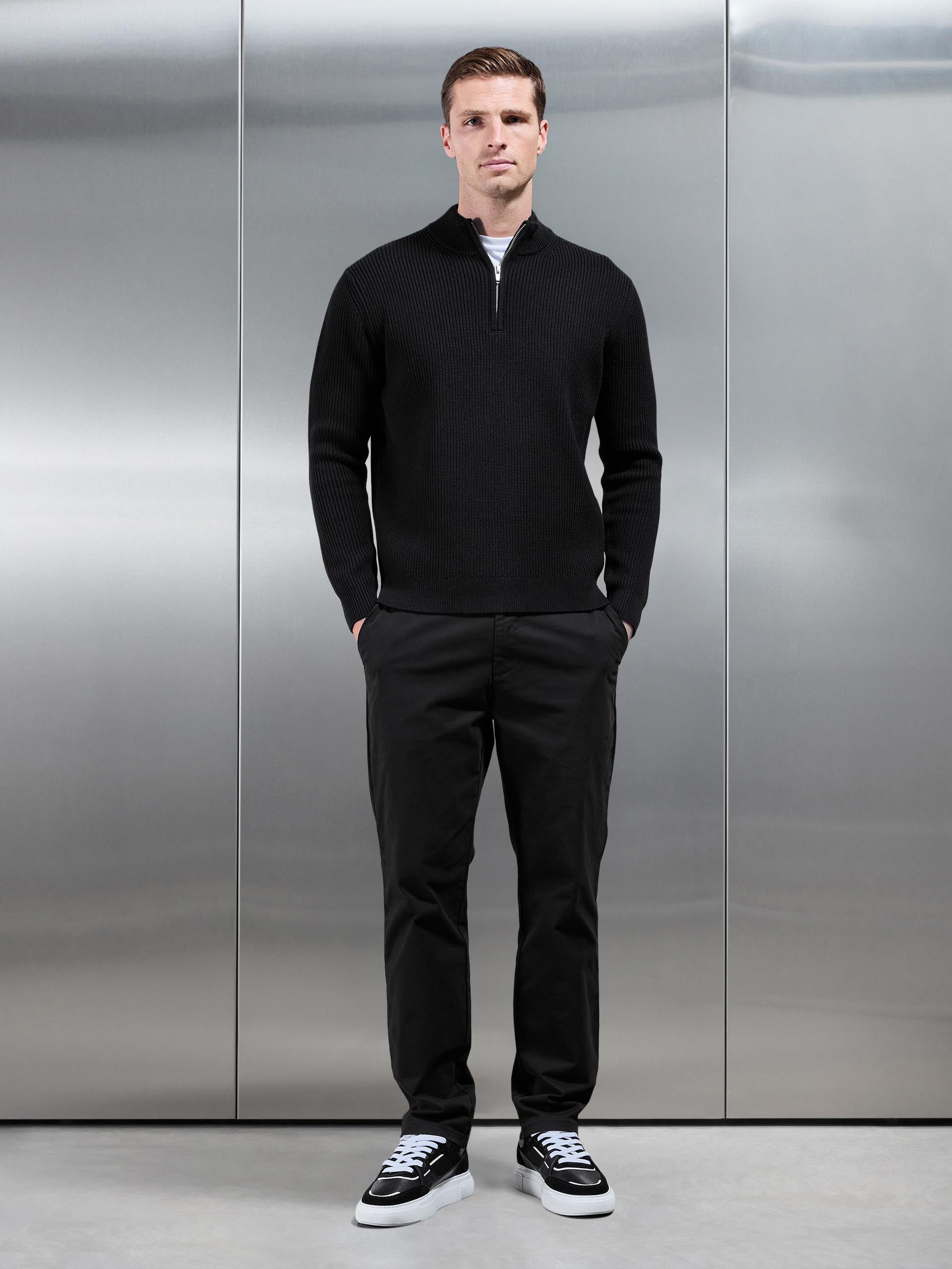 Mens Chunky Ribbed Half Zip in Black
