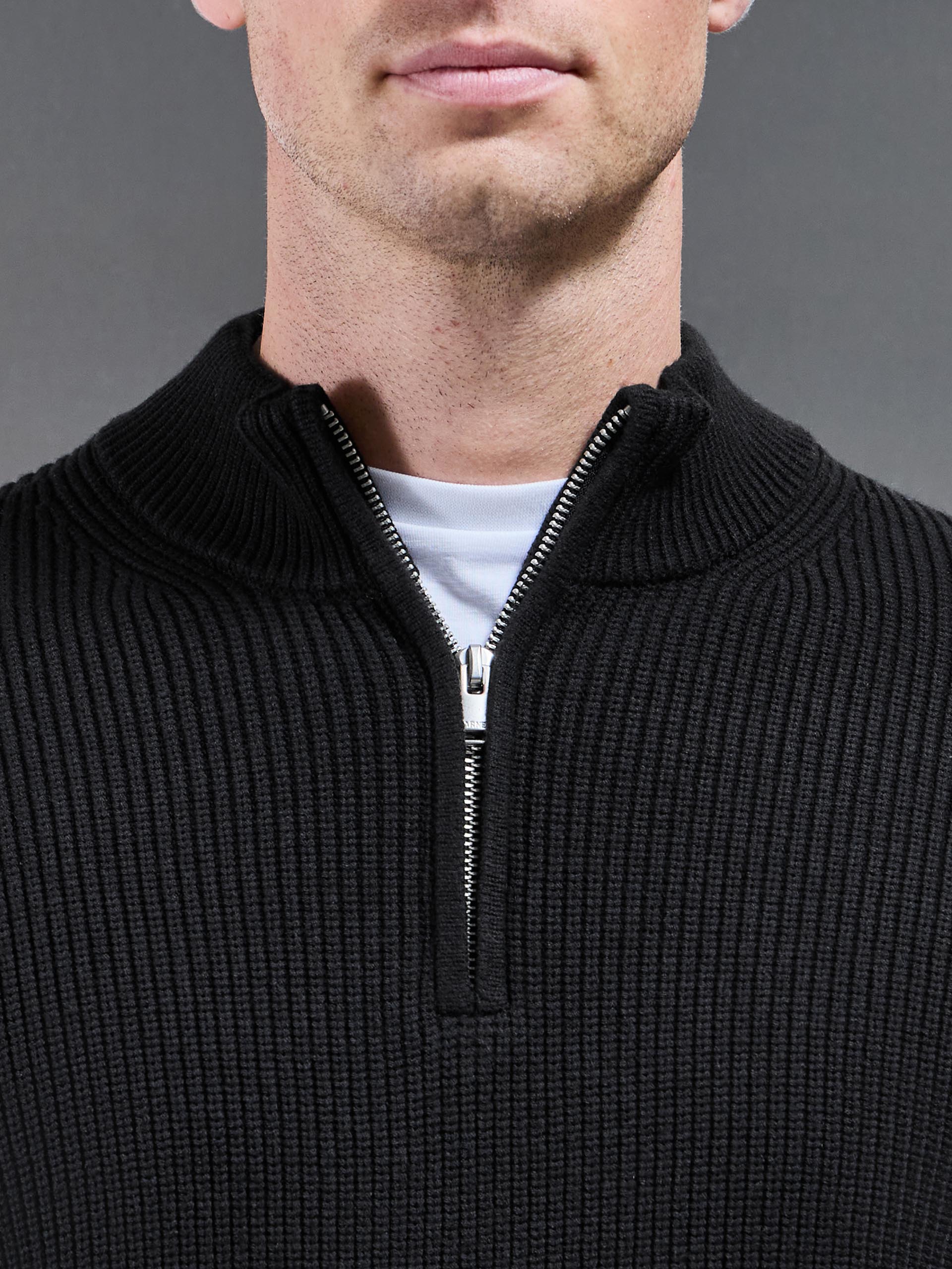 Mens Chunky Ribbed Half Zip in Black