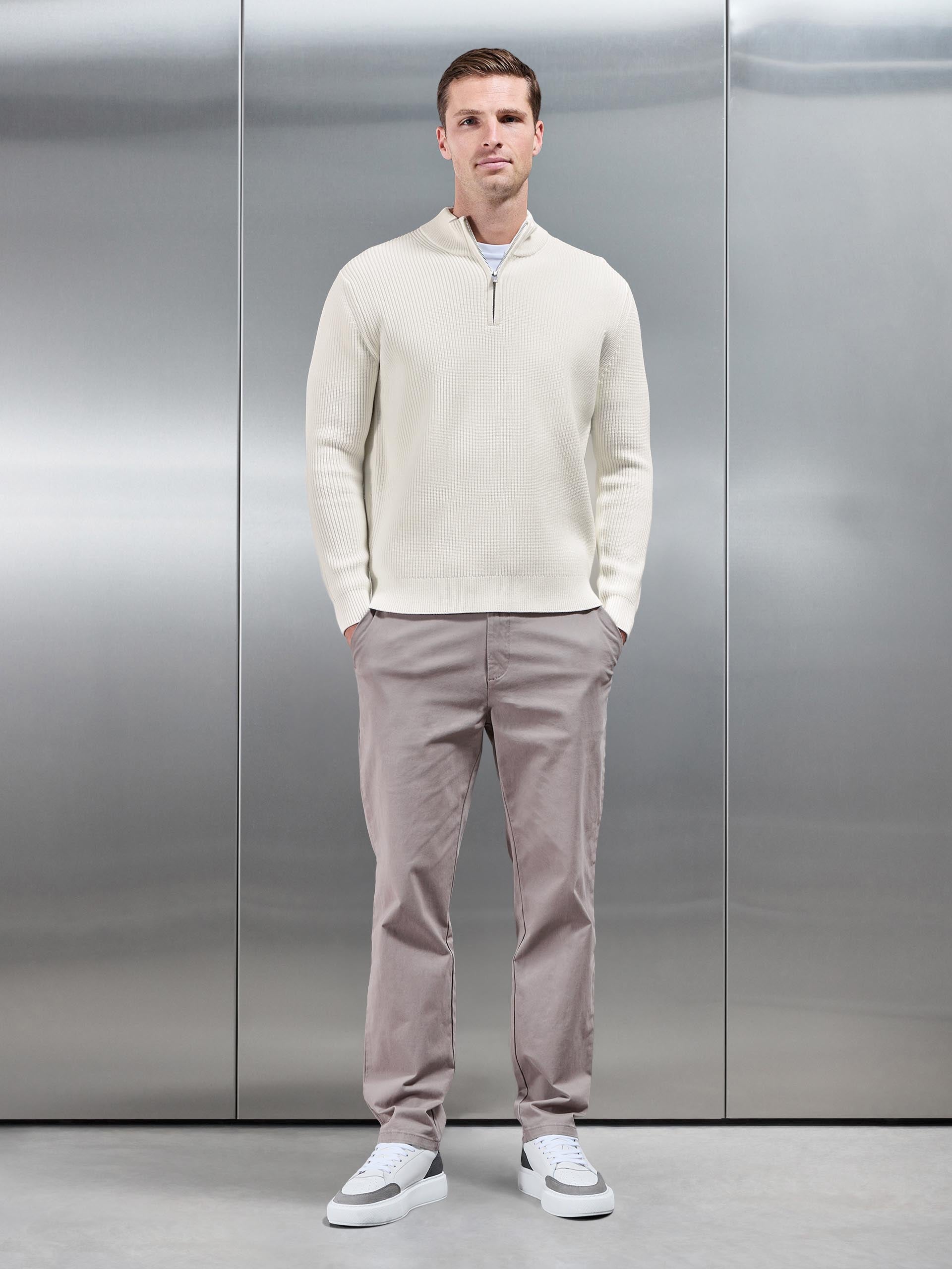 Mens Chunky Ribbed Half Zip in Off White