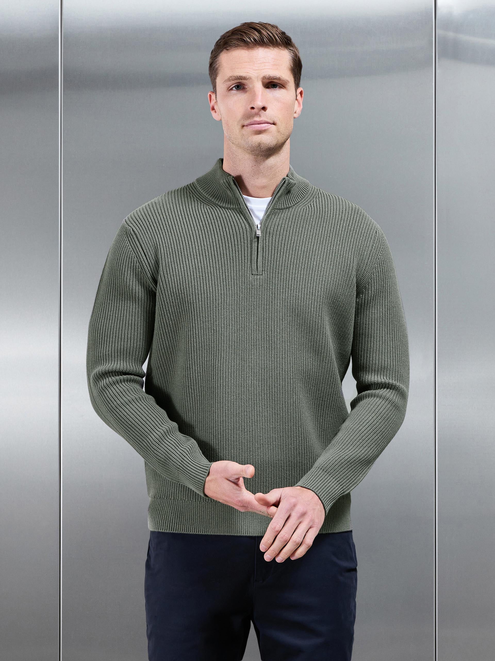 Mens Chunky Ribbed Half Zip in Sage