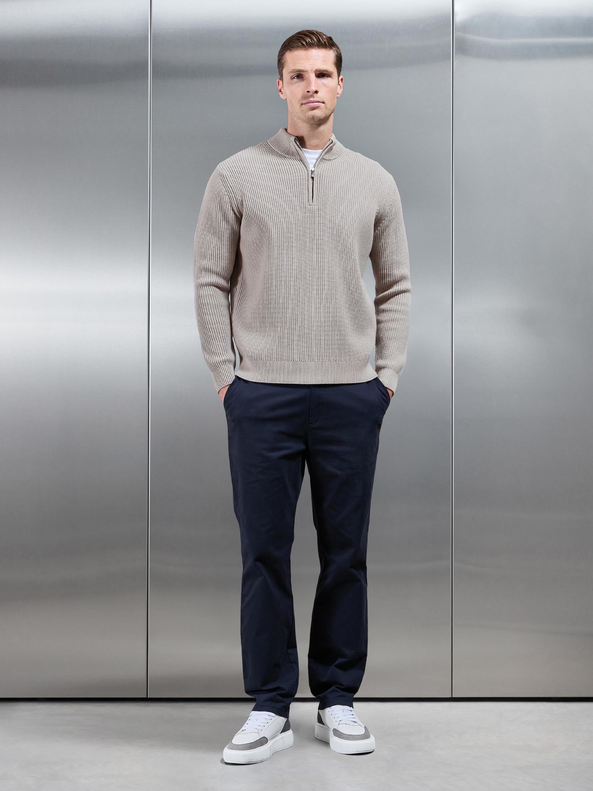 Mens Chunky Ribbed Half Zip in Stone
