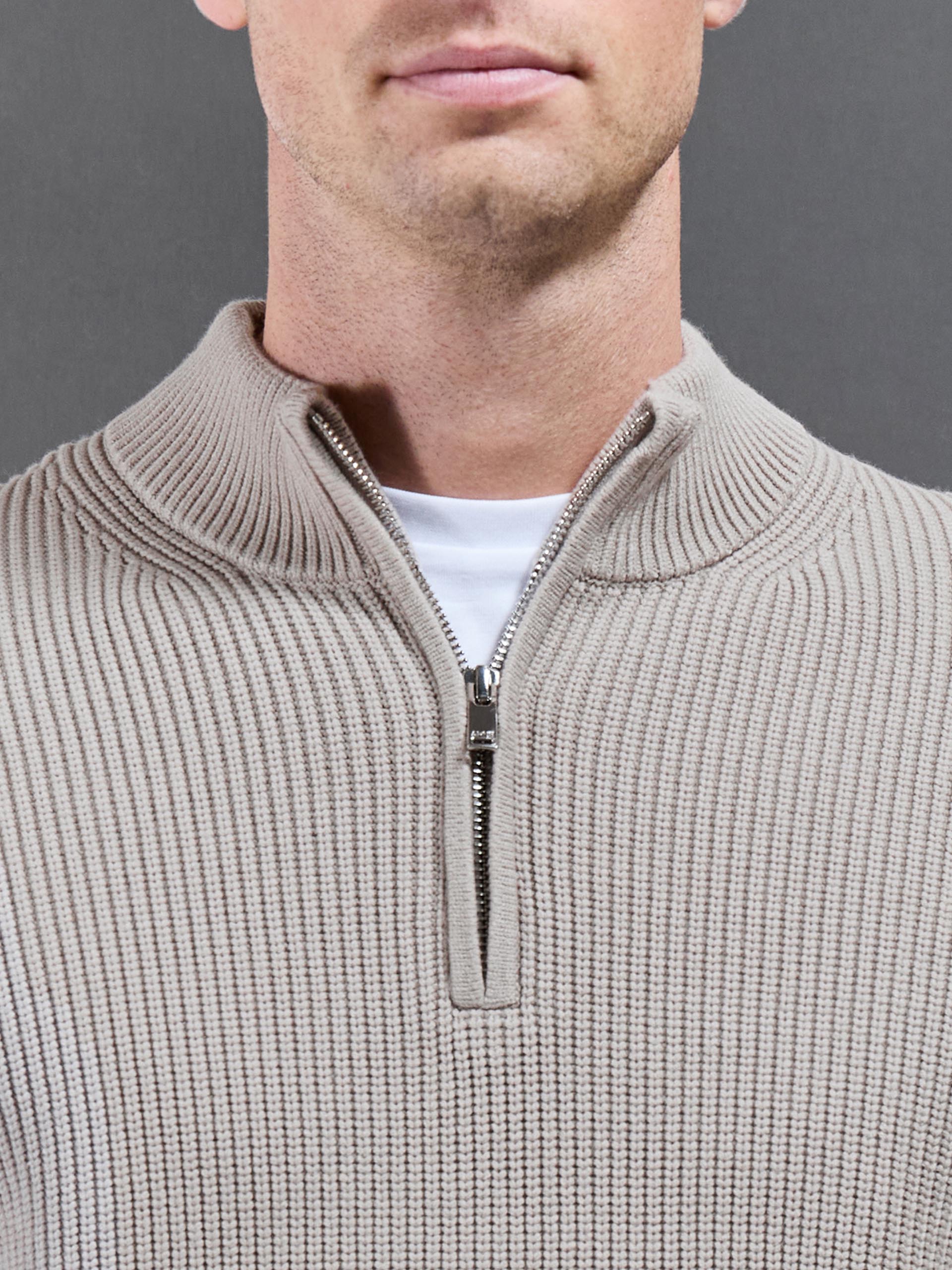 Mens Chunky Ribbed Half Zip in Stone