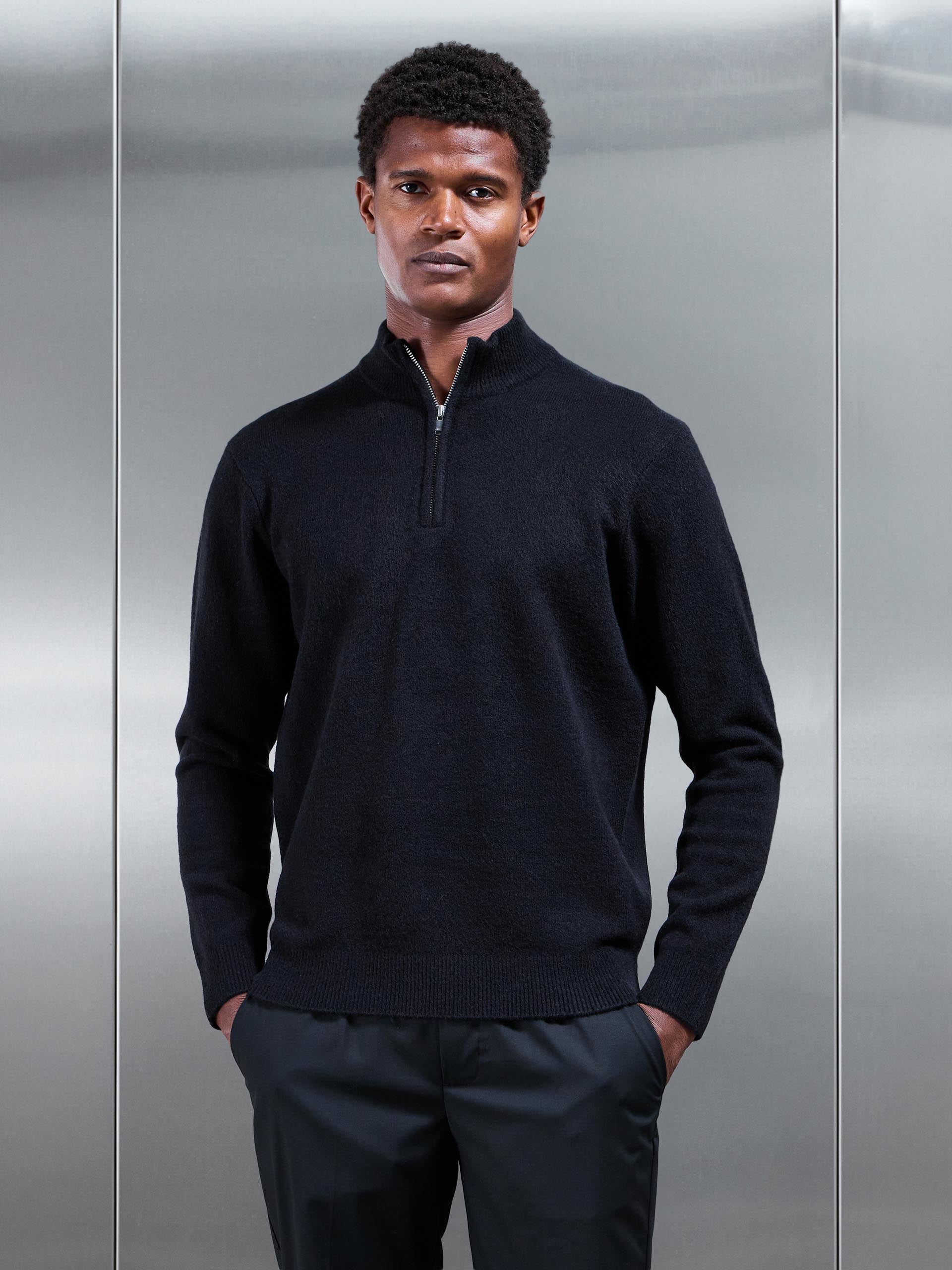 Mens Chunky Wool Half Zip in Black