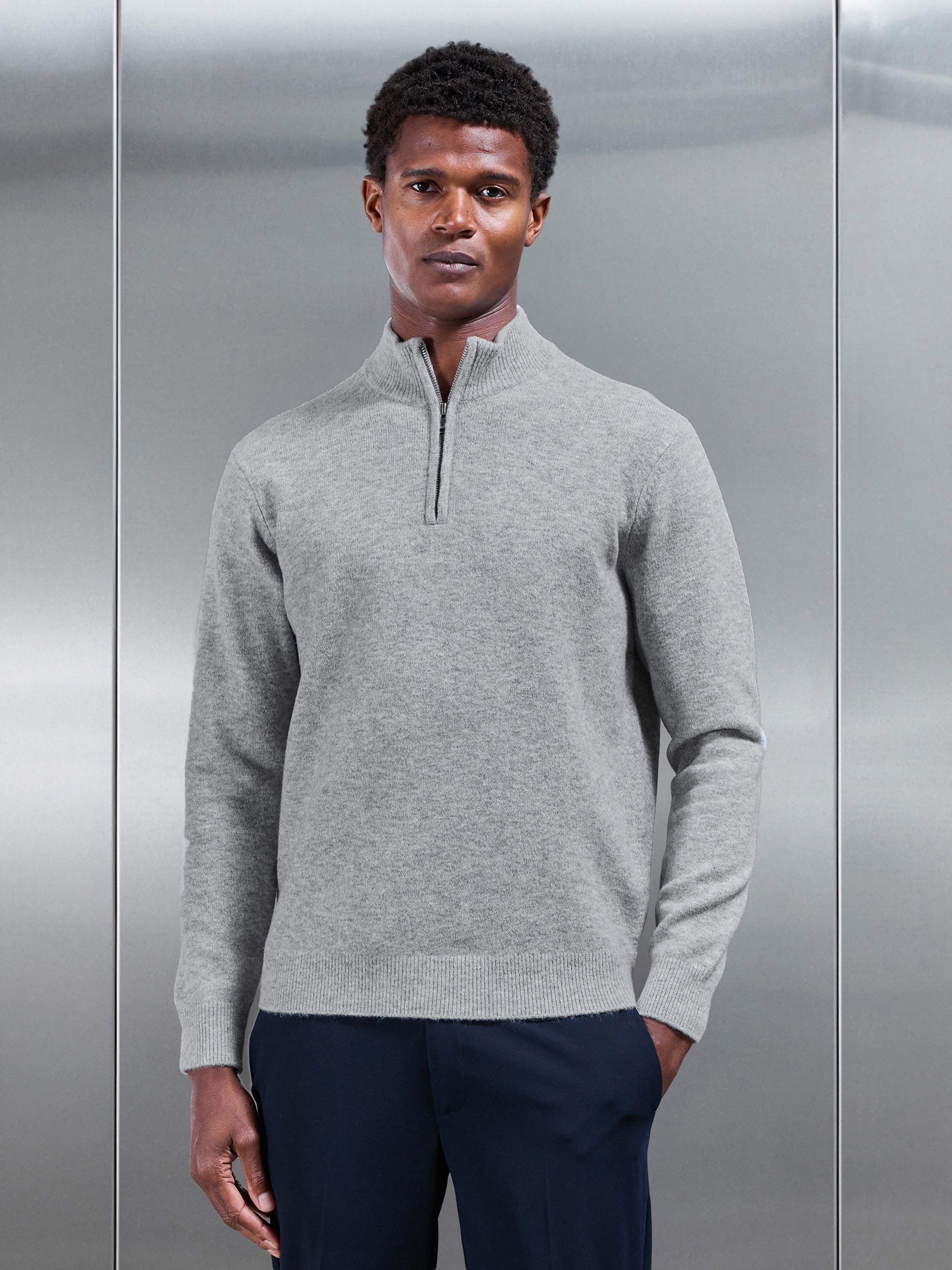 Mens Chunky Wool Half Zip in Marl Grey