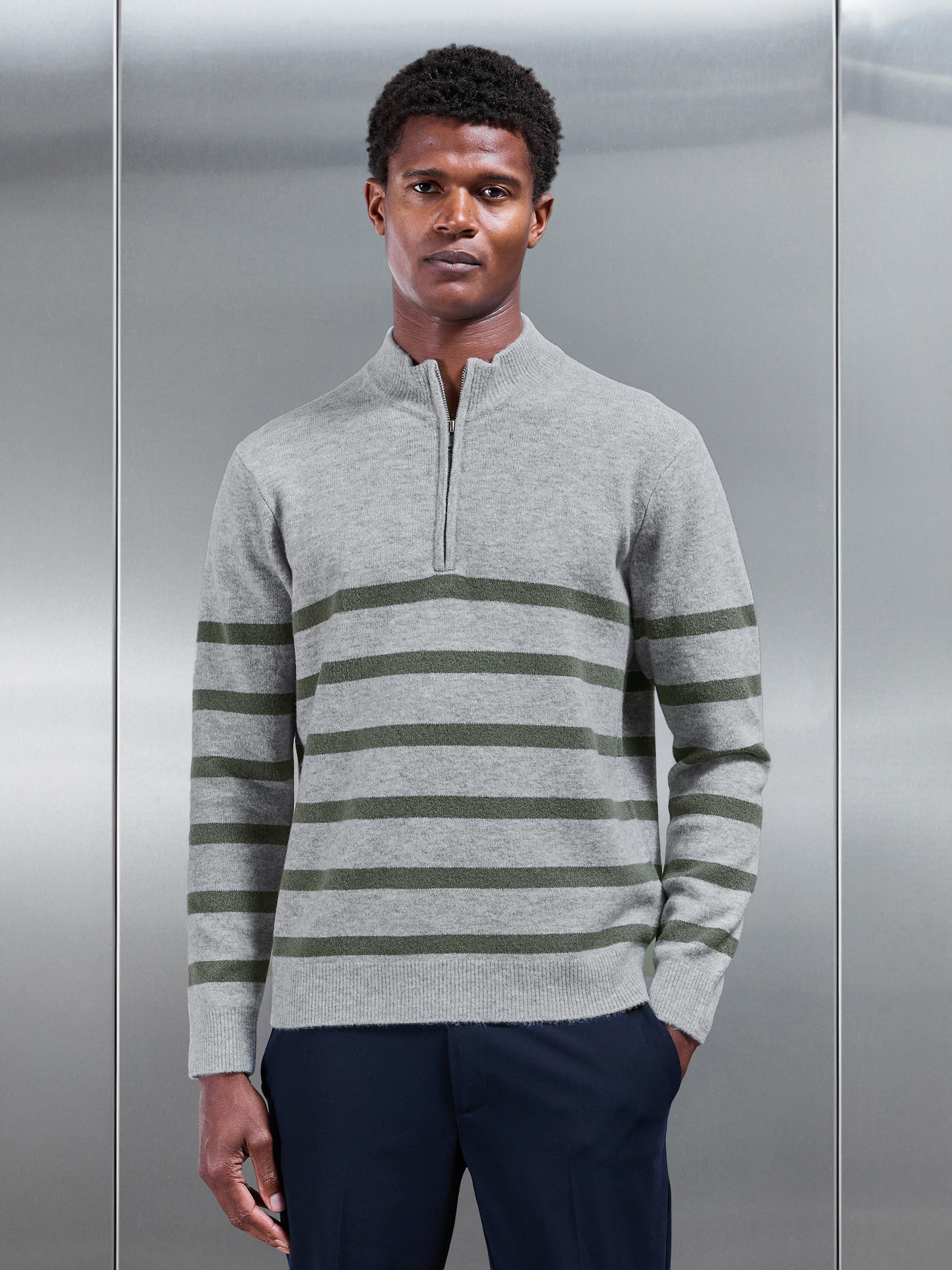 Mens Chunky Wool Stripe Half Zip in Marl Grey