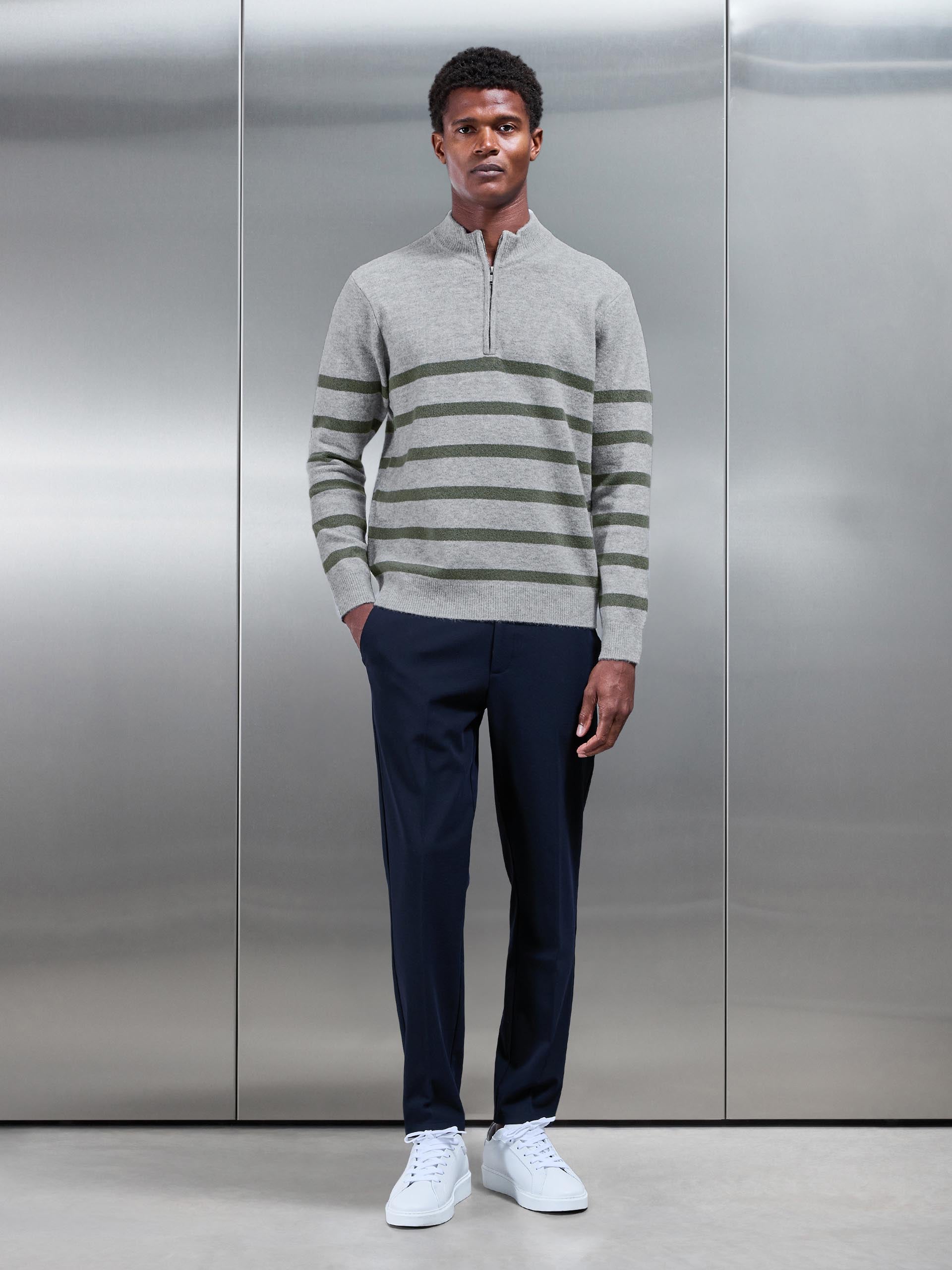 Mens Chunky Wool Stripe Half Zip in Marl Grey