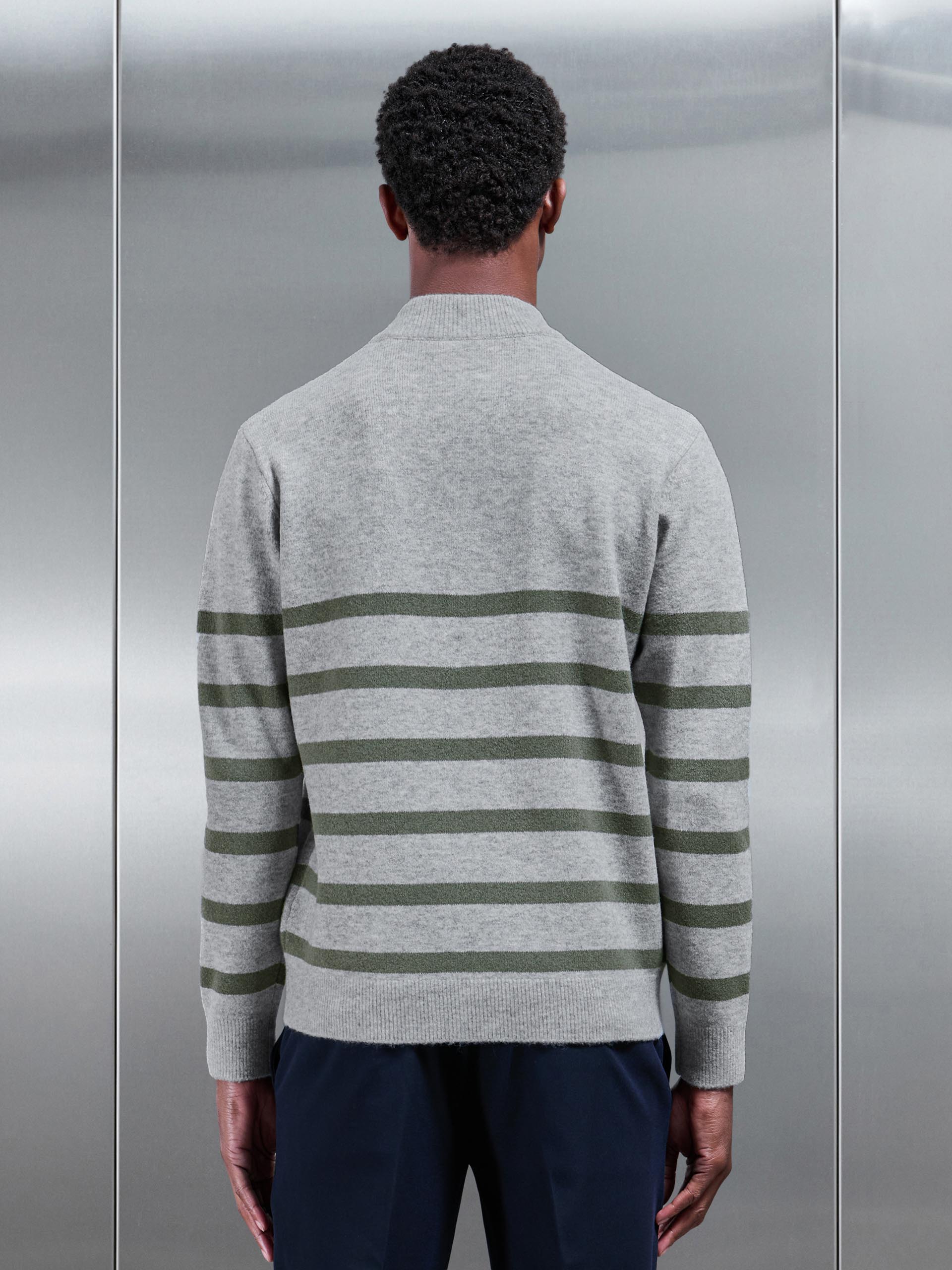 Mens Chunky Wool Stripe Half Zip in Marl Grey