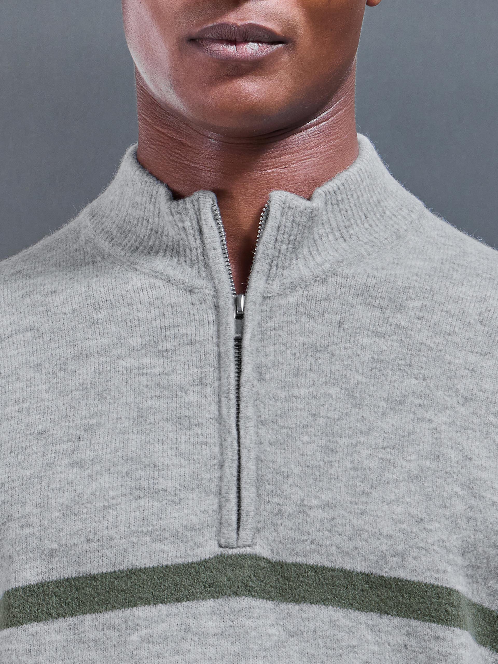 Mens Chunky Wool Stripe Half Zip in Marl Grey