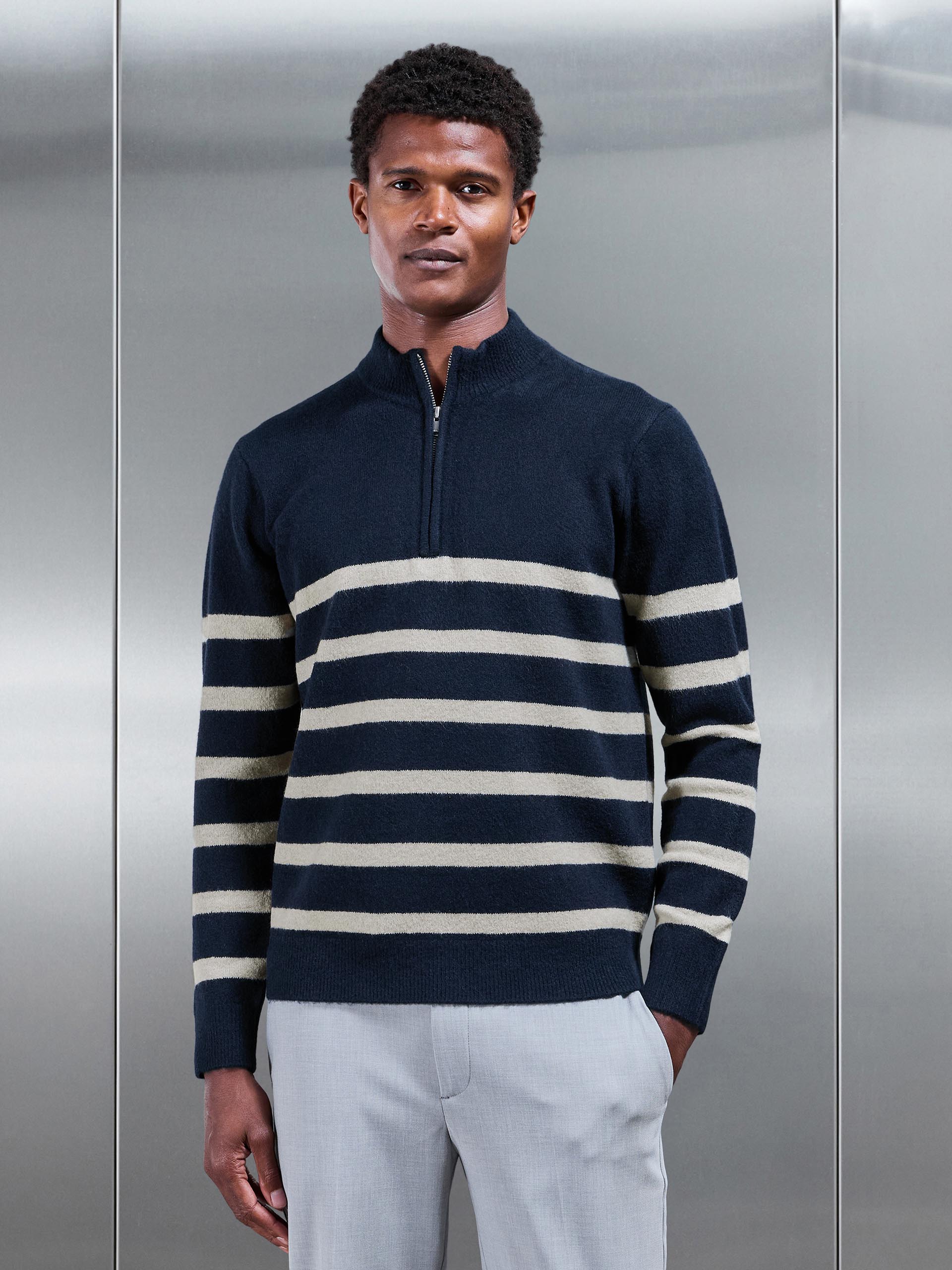 Mens Chunky Wool Stripe Half Zip in Navy