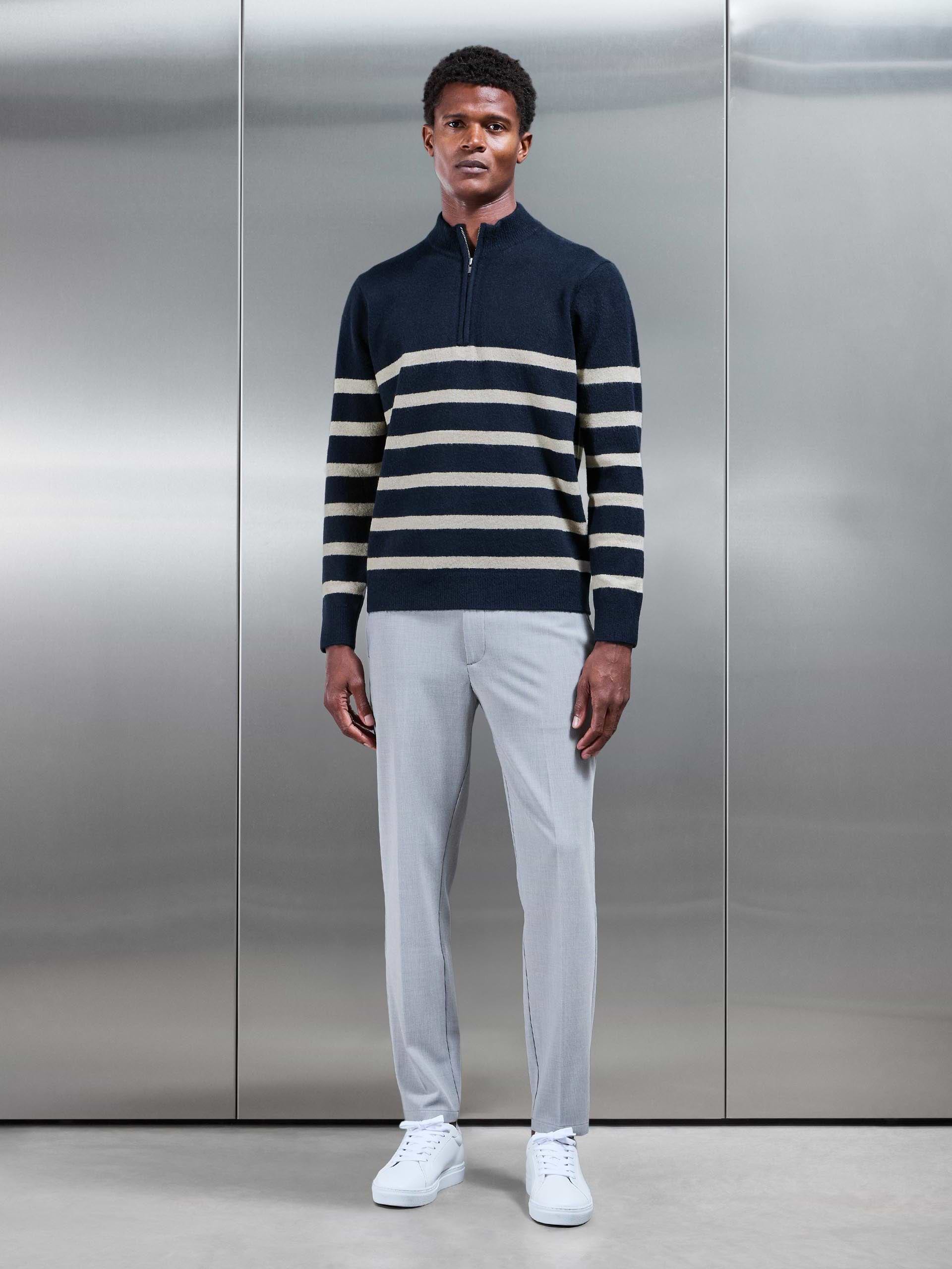 Mens Chunky Wool Stripe Half Zip in Navy