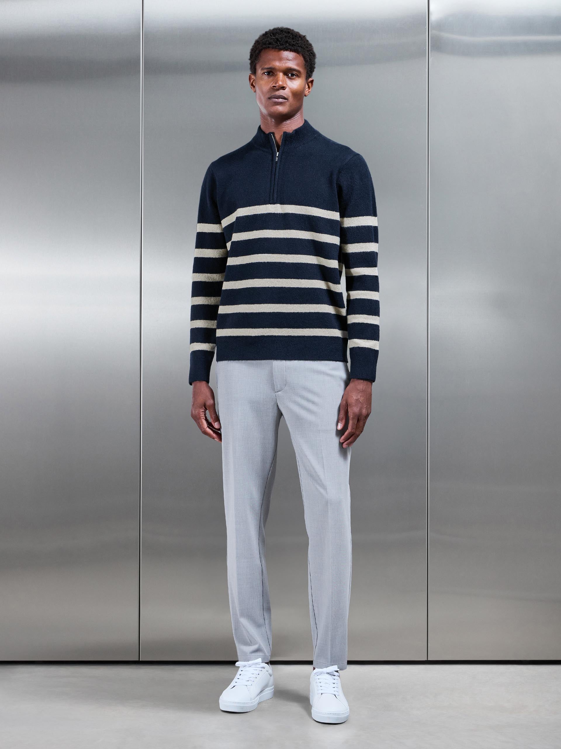 Mens Chunky Wool Stripe Half Zip in Navy