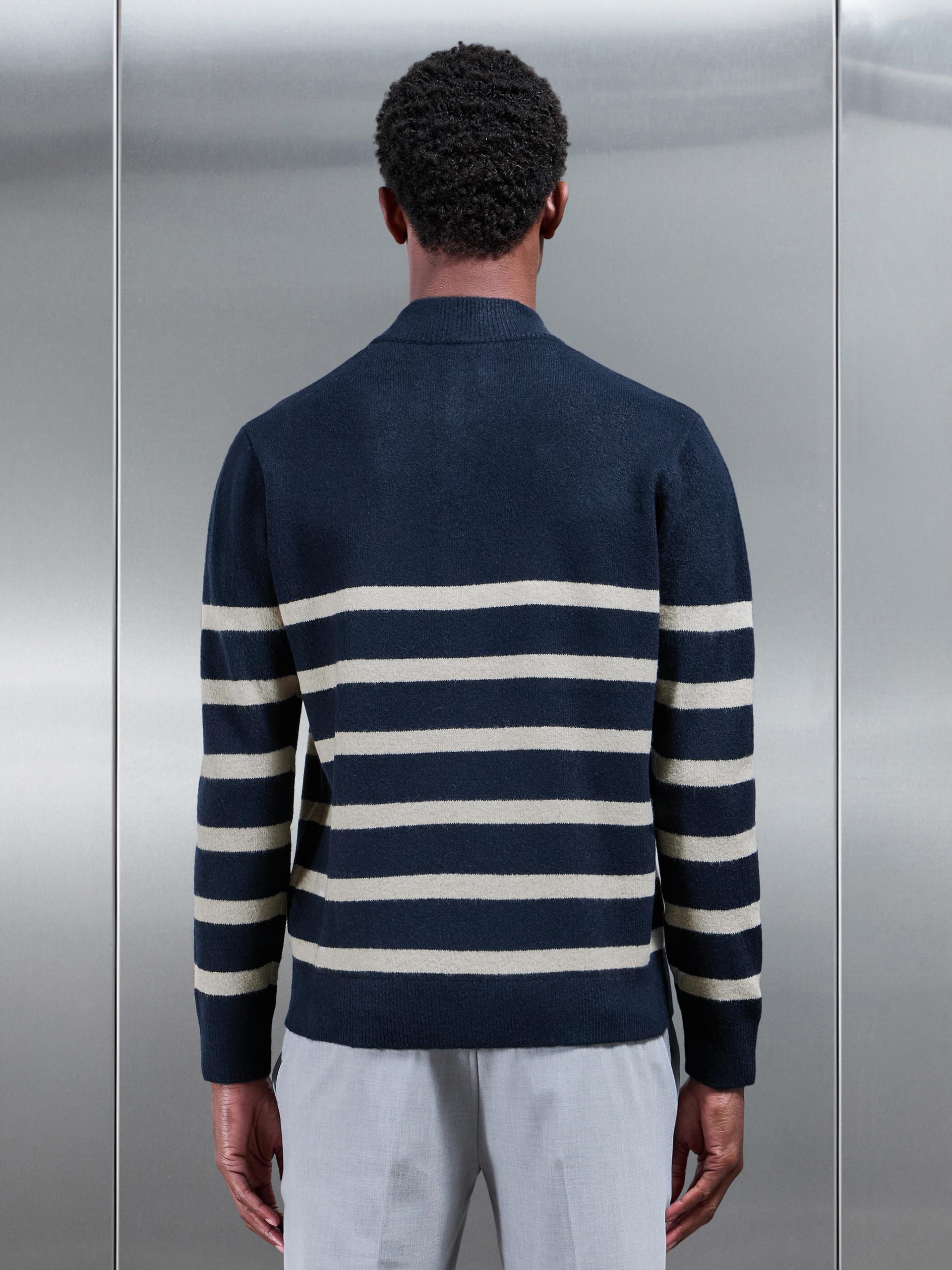 Mens Chunky Wool Stripe Half Zip in Navy