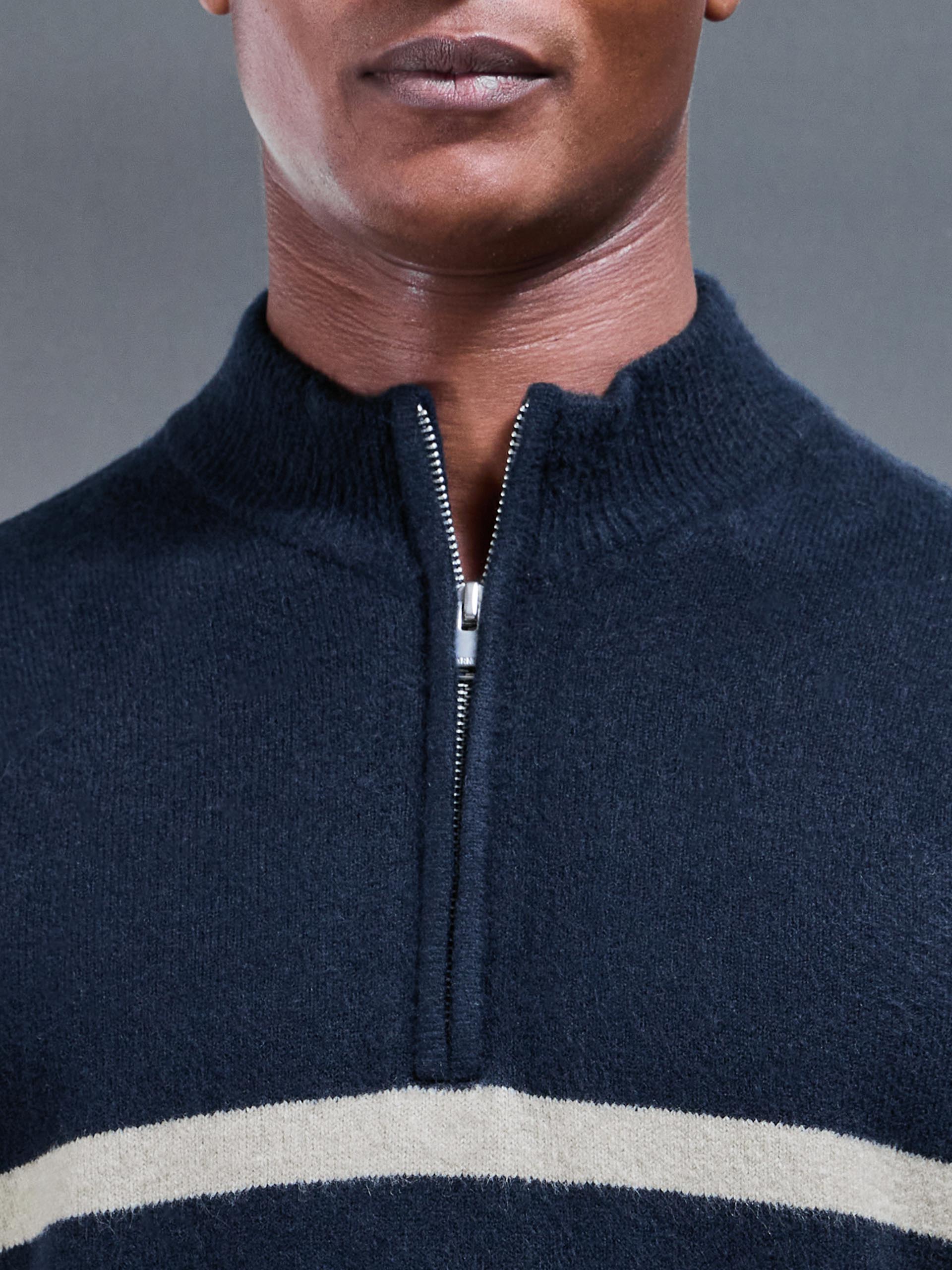 Mens Chunky Wool Stripe Half Zip in Navy