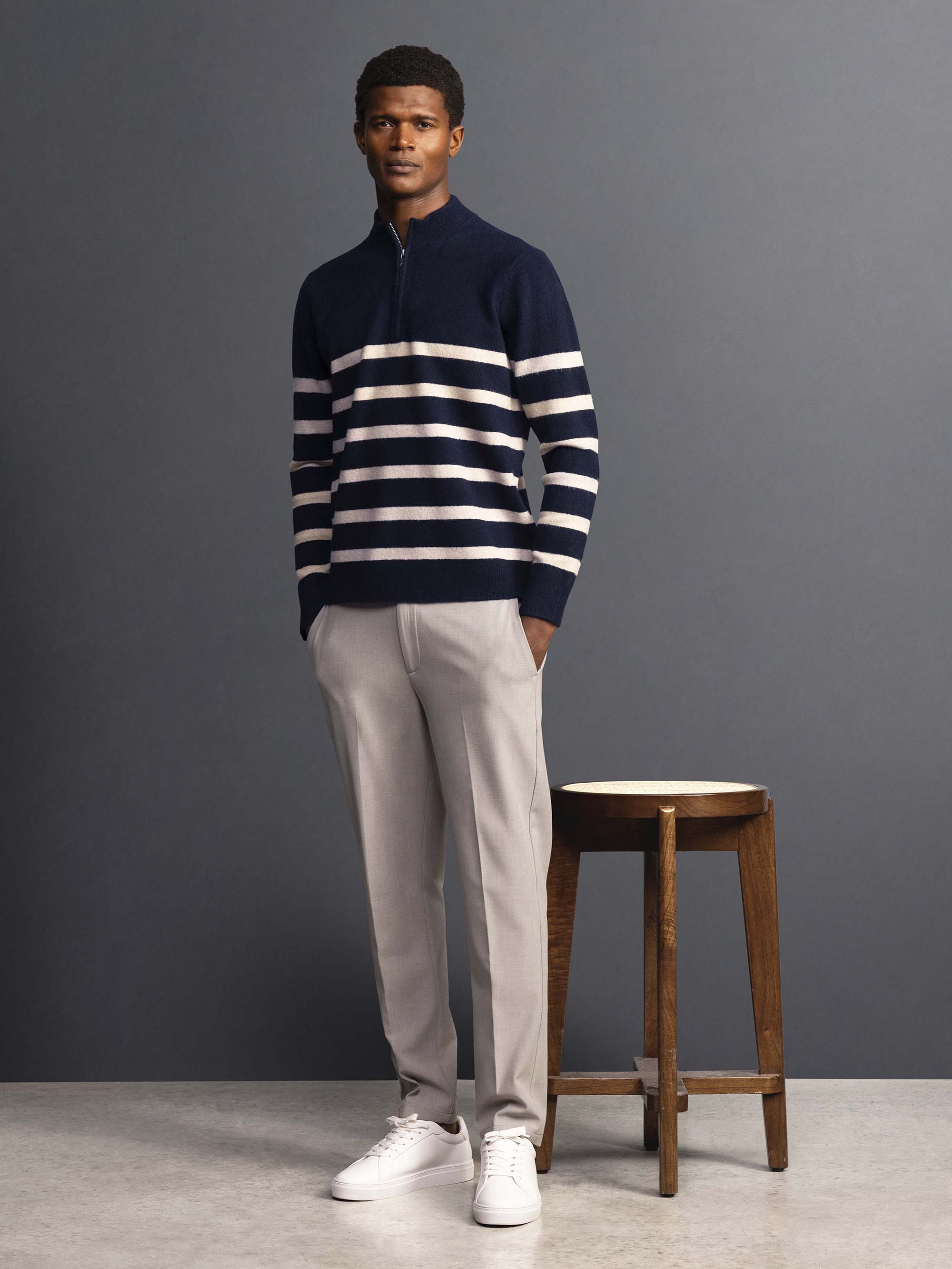 Mens Chunky Wool Stripe Half Zip in Navy