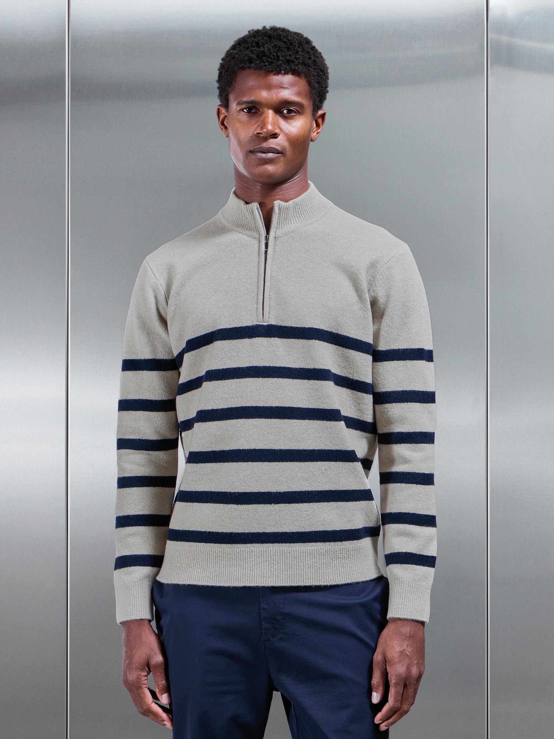 Mens Chunky Wool Stripe Half Zip in Stone