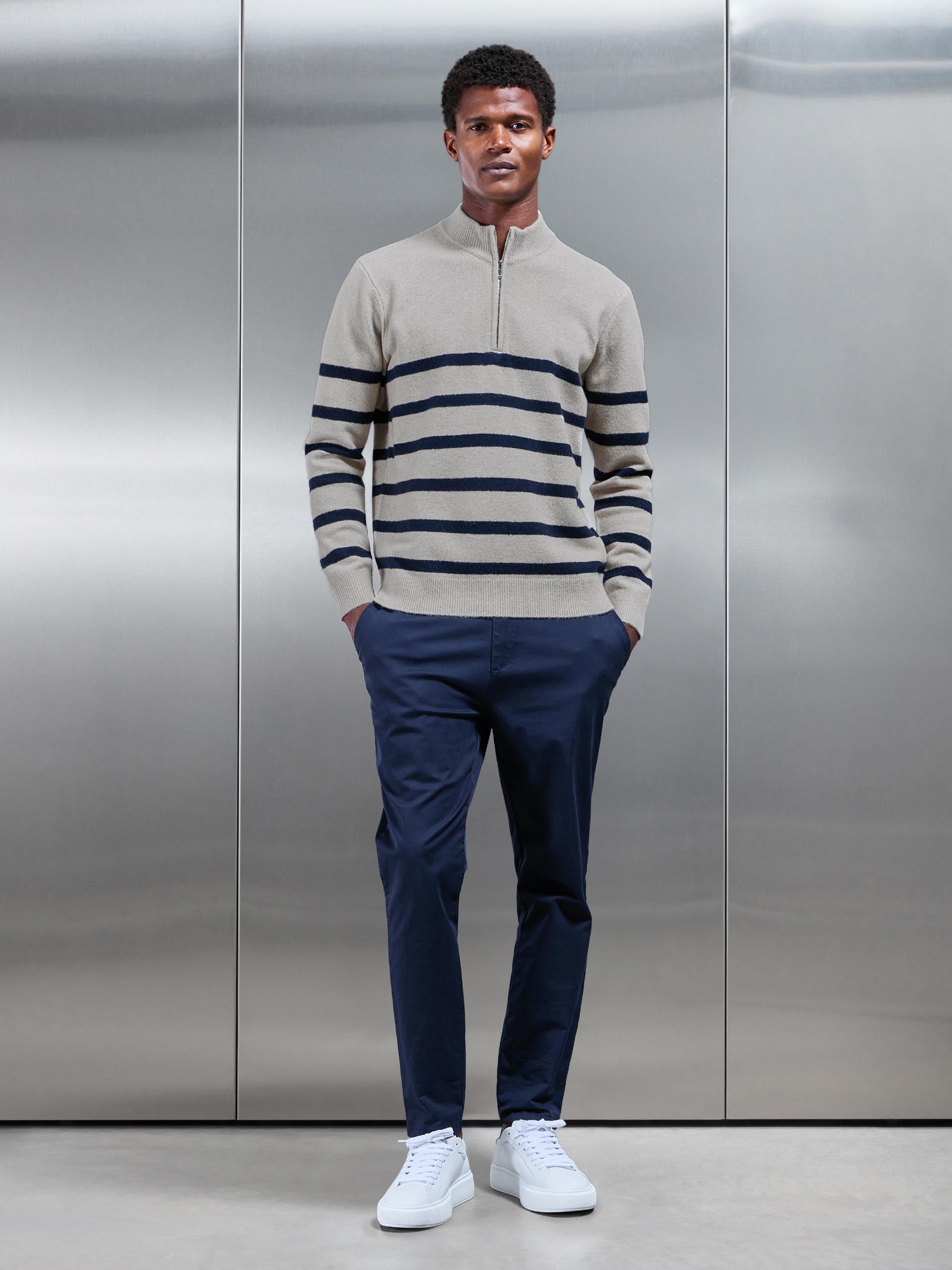 Mens Chunky Wool Stripe Half Zip in Stone