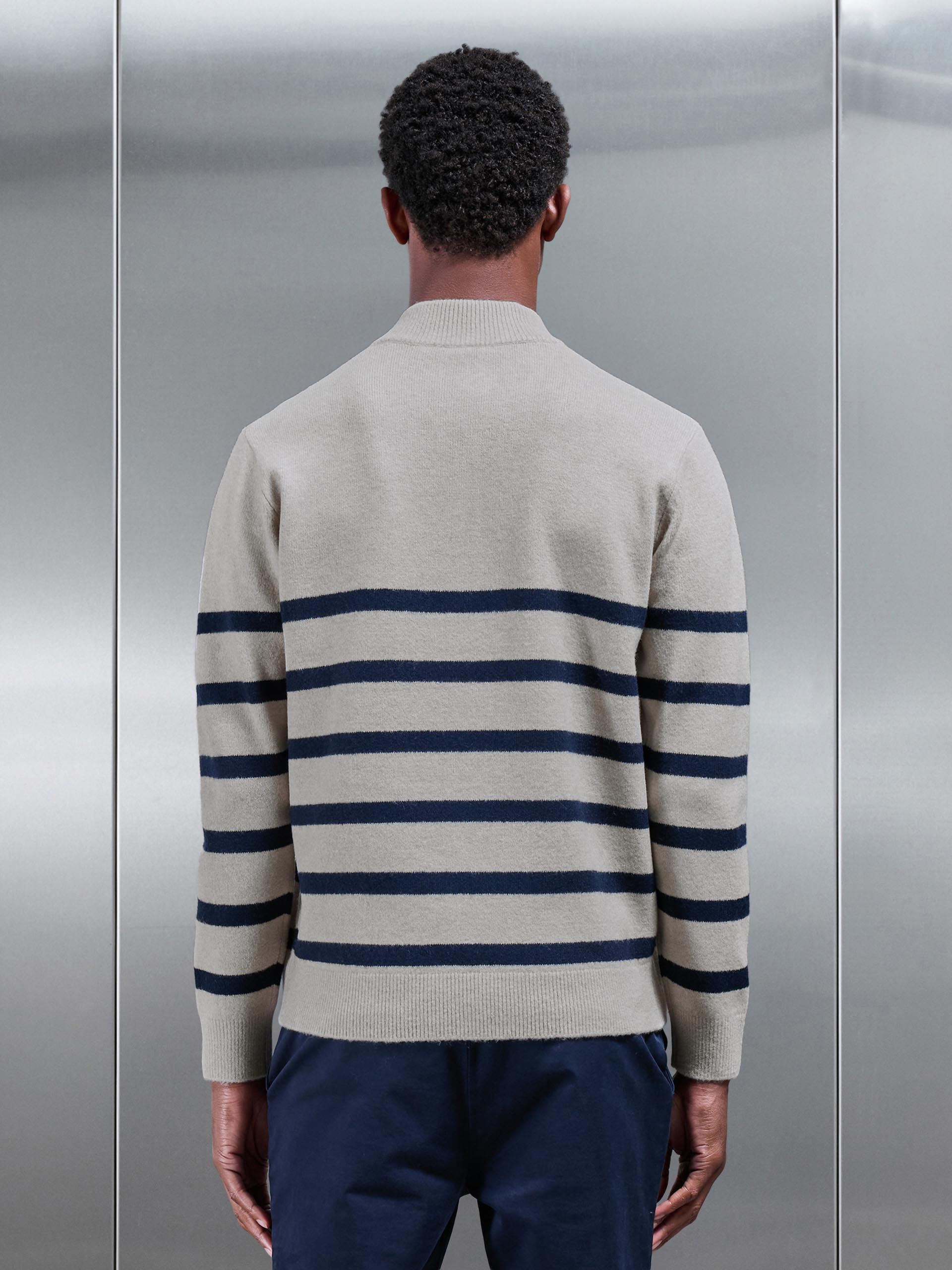 Mens Chunky Wool Stripe Half Zip in Stone
