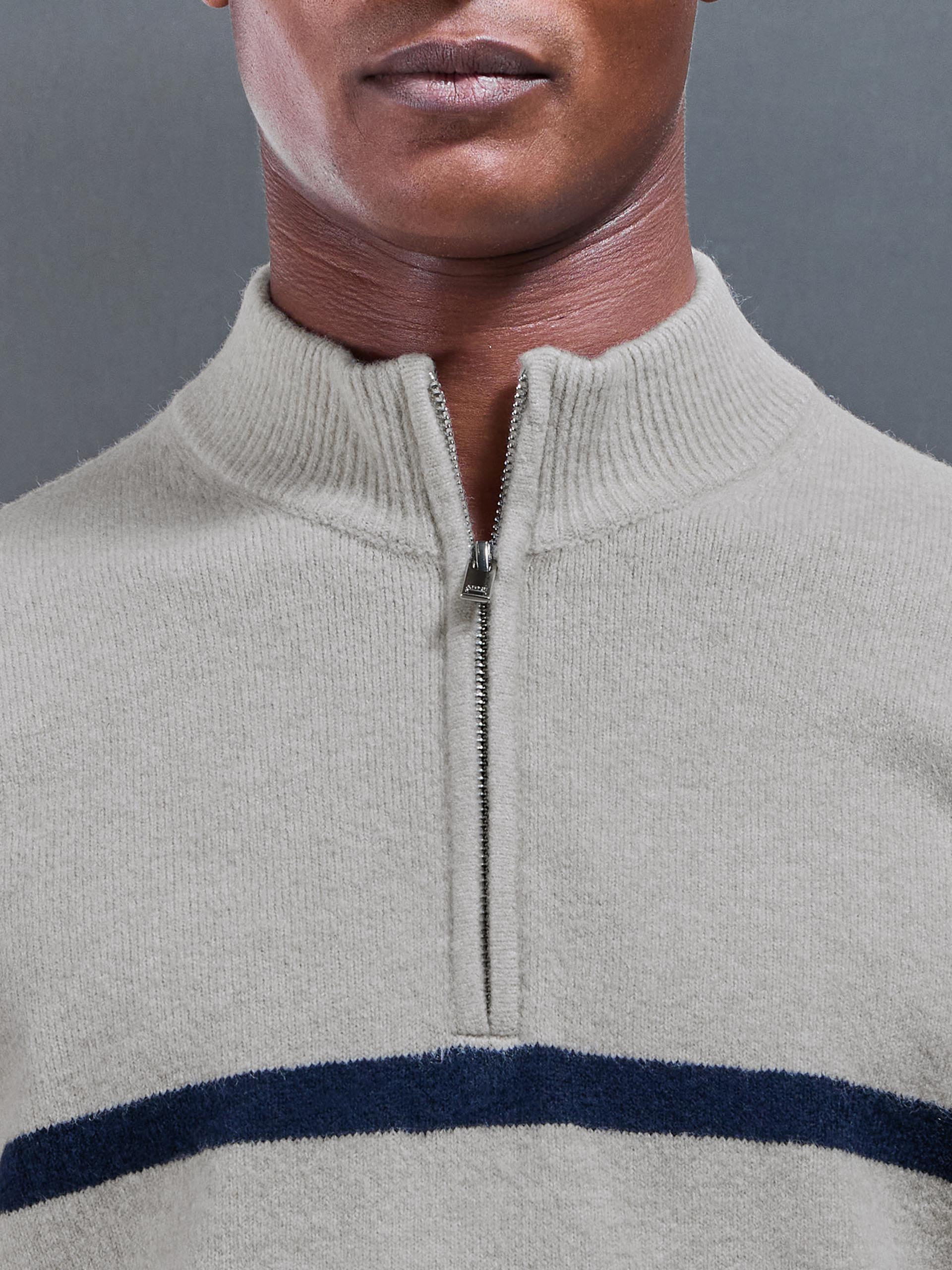 Mens Chunky Wool Stripe Half Zip in Stone
