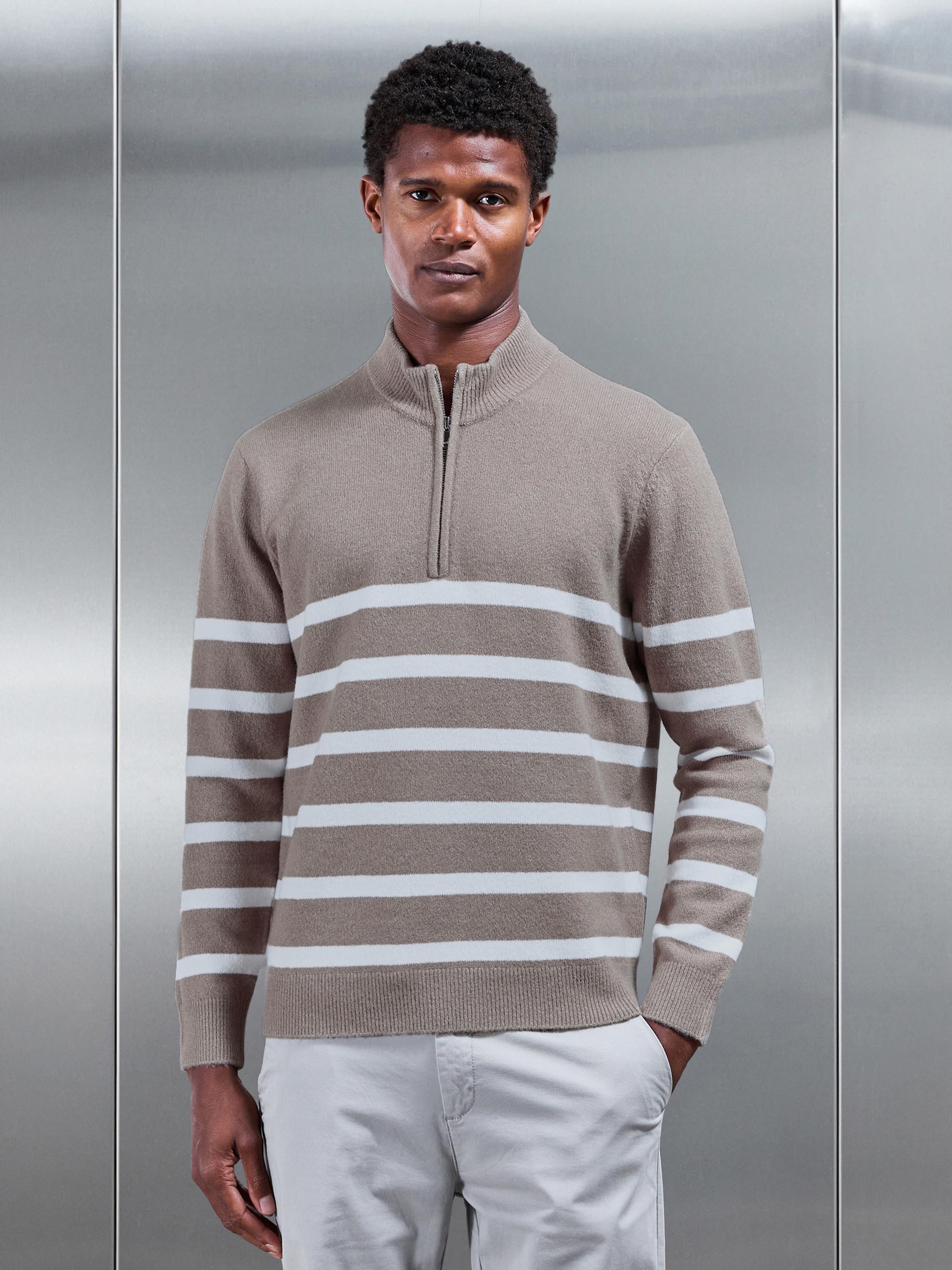 Mens Chunky Wool Stripe Half Zip in Taupe
