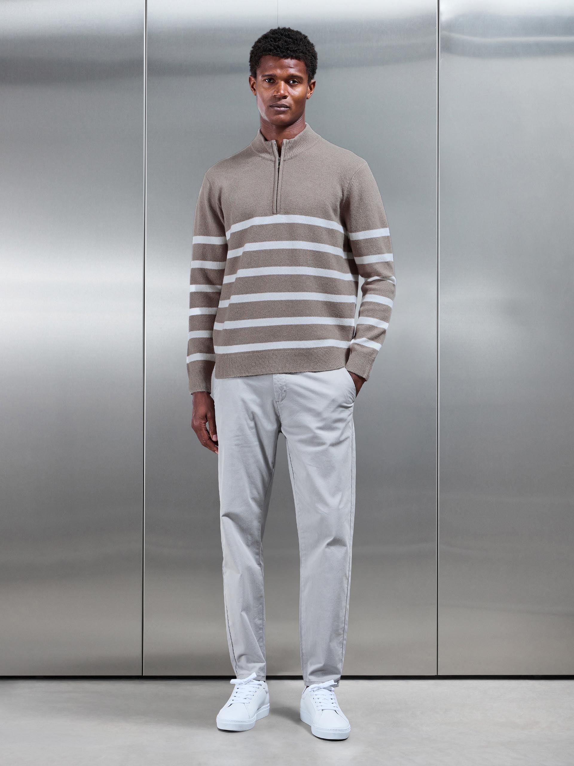 Mens Chunky Wool Stripe Half Zip in Taupe