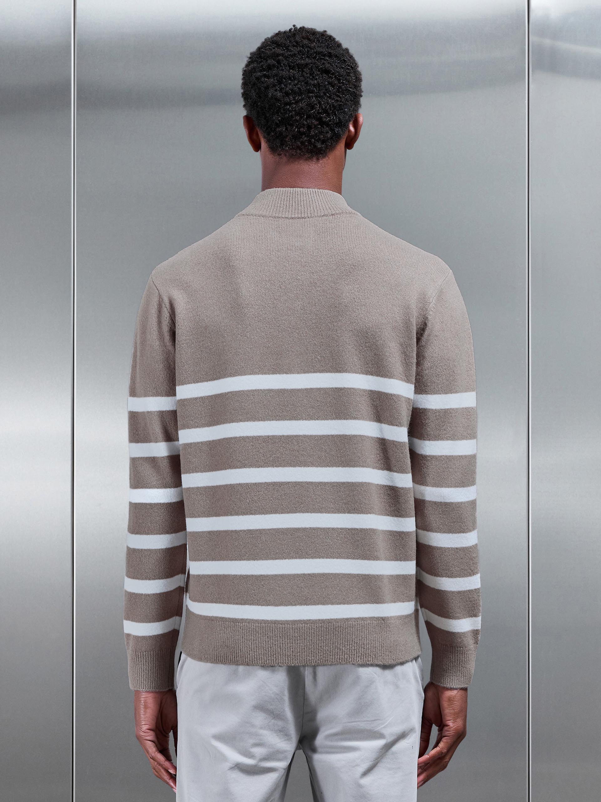 Mens Chunky Wool Stripe Half Zip in Taupe