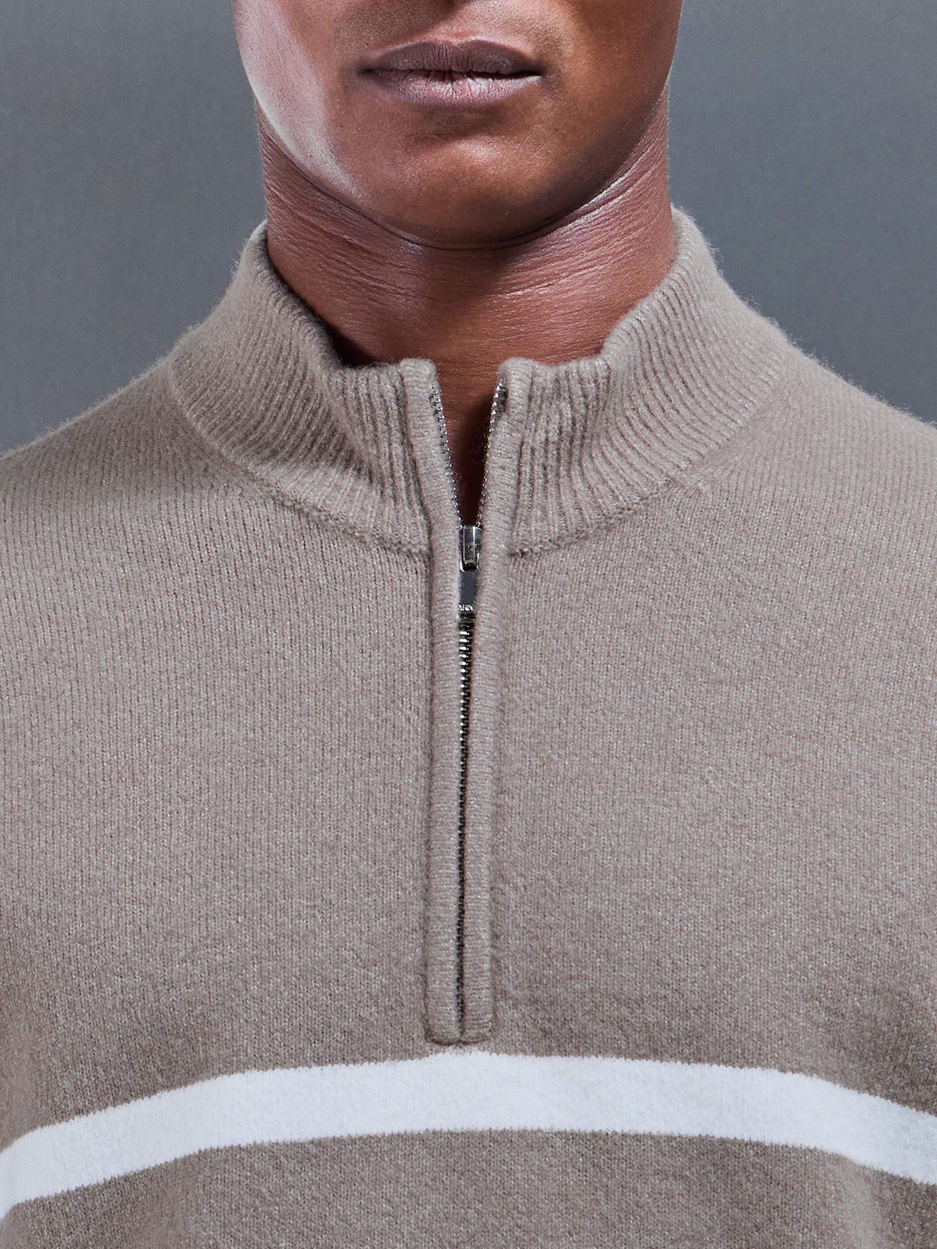 Mens Chunky Wool Stripe Half Zip in Taupe