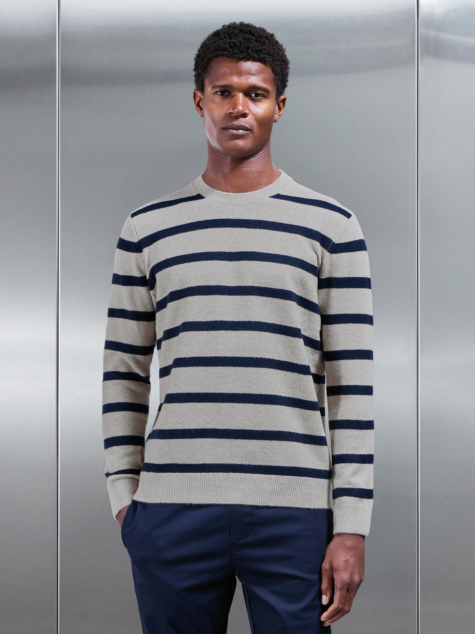 Mens Chunky Wool Stripe Sweatshirt in Stone
