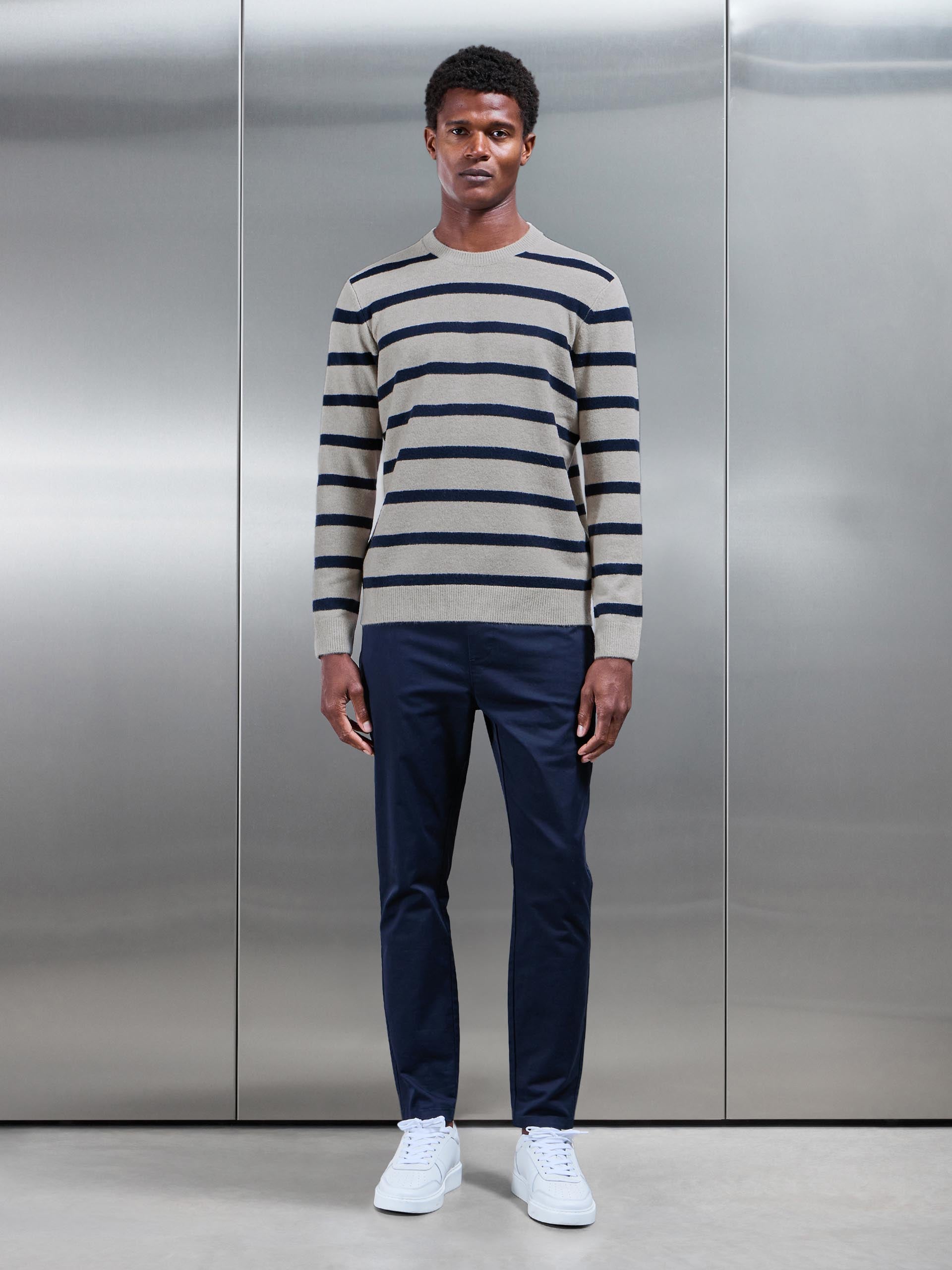 Mens Chunky Wool Stripe Sweatshirt in Stone