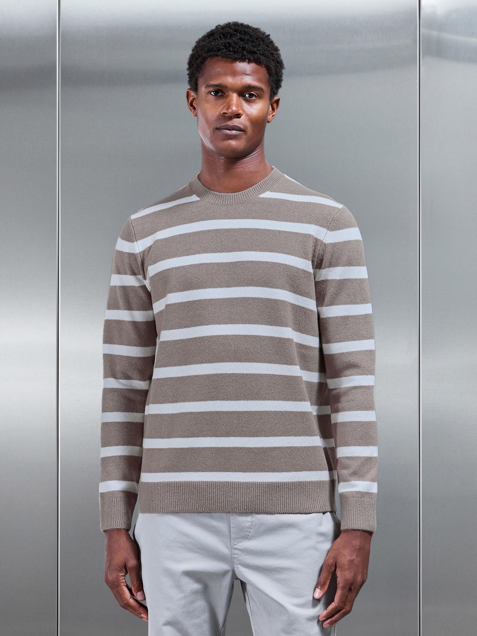 Mens Chunky Wool Stripe Sweatshirt in Taupe