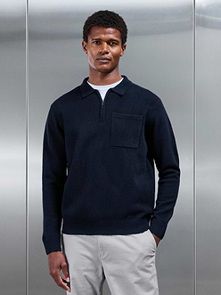 Mens Chunky Wool Zip Polo Shirt in Navy