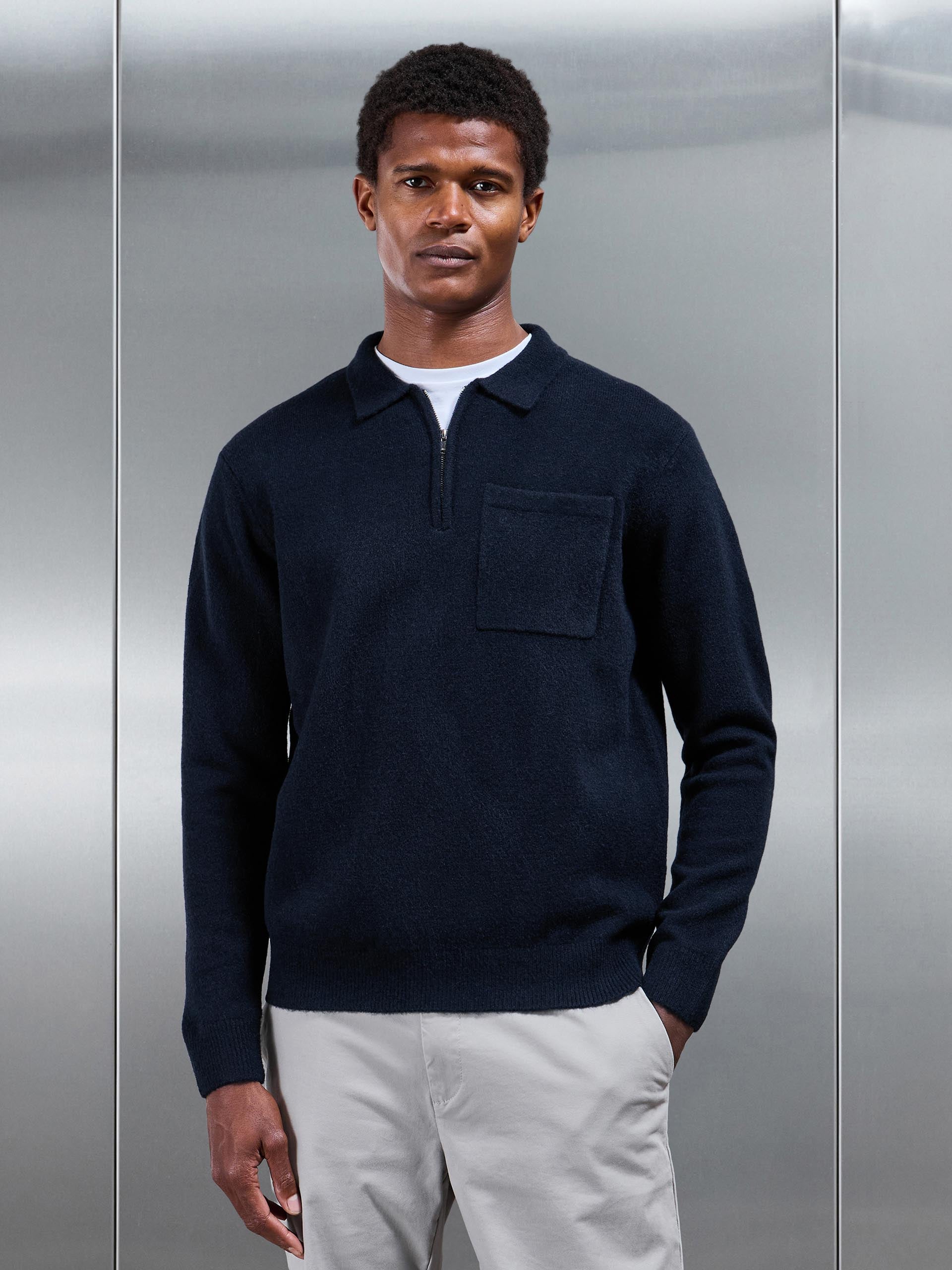 Mens Chunky Wool Zip Polo Shirt in Navy
