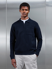 Mens Chunky Wool Zip Polo Shirt in Navy