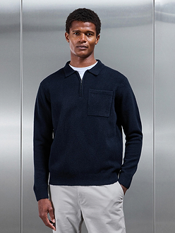 Mens Chunky Wool Zip Polo Shirt in Navy