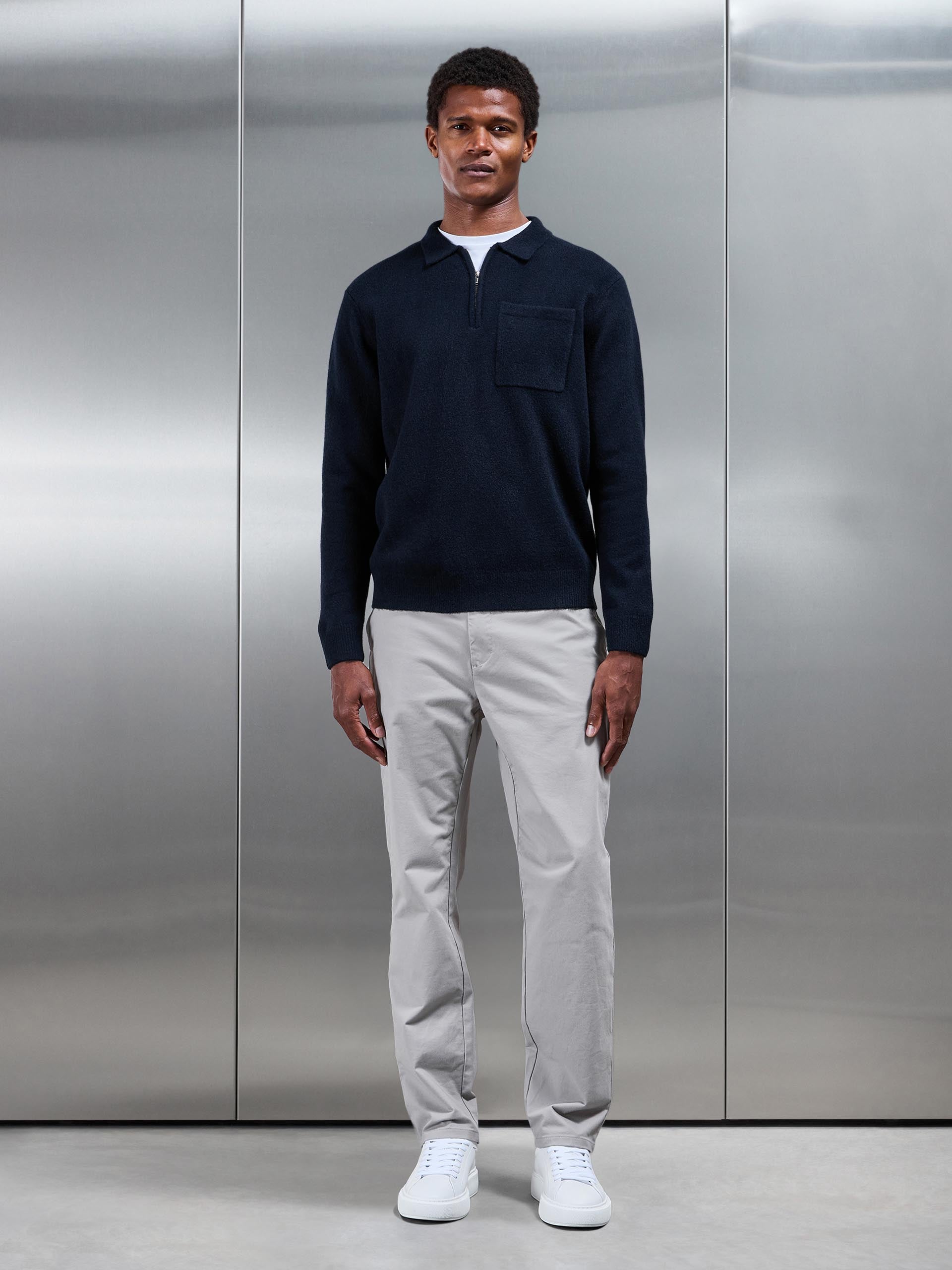 Mens Chunky Wool Zip Polo Shirt in Navy