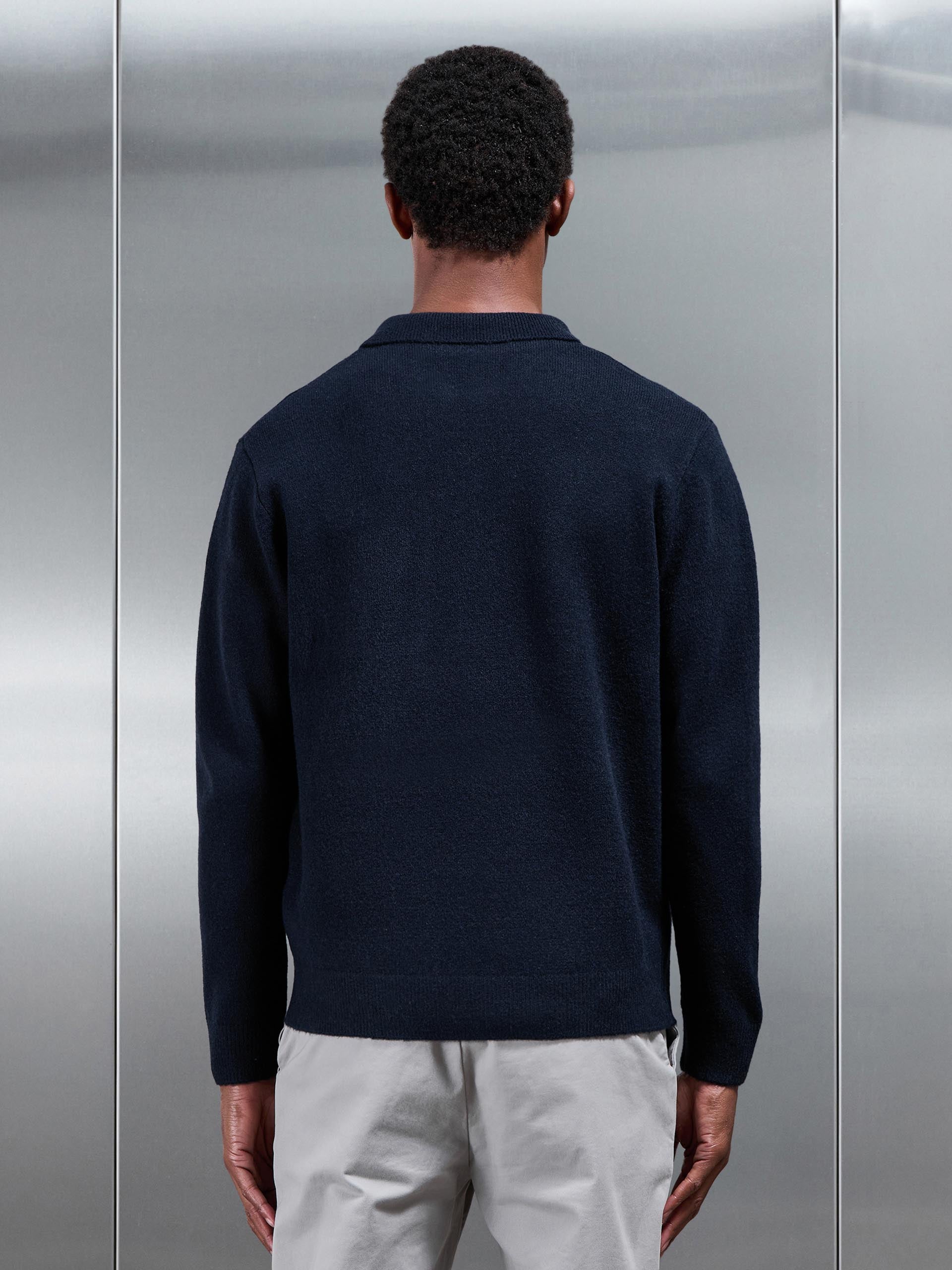Mens Chunky Wool Zip Polo Shirt in Navy