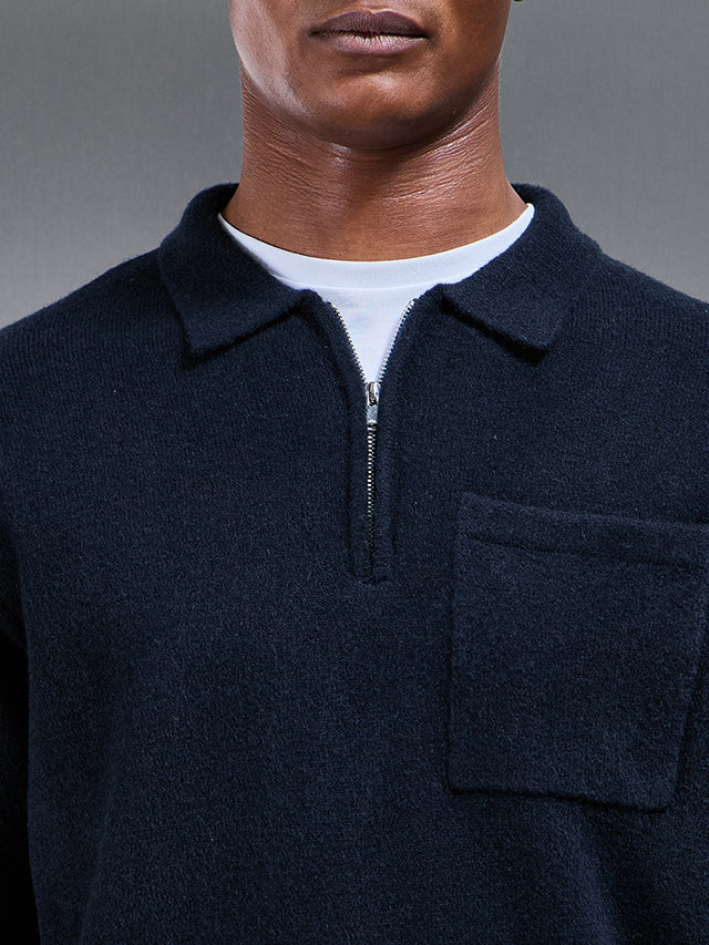 Mens Chunky Wool Zip Polo Shirt in Navy