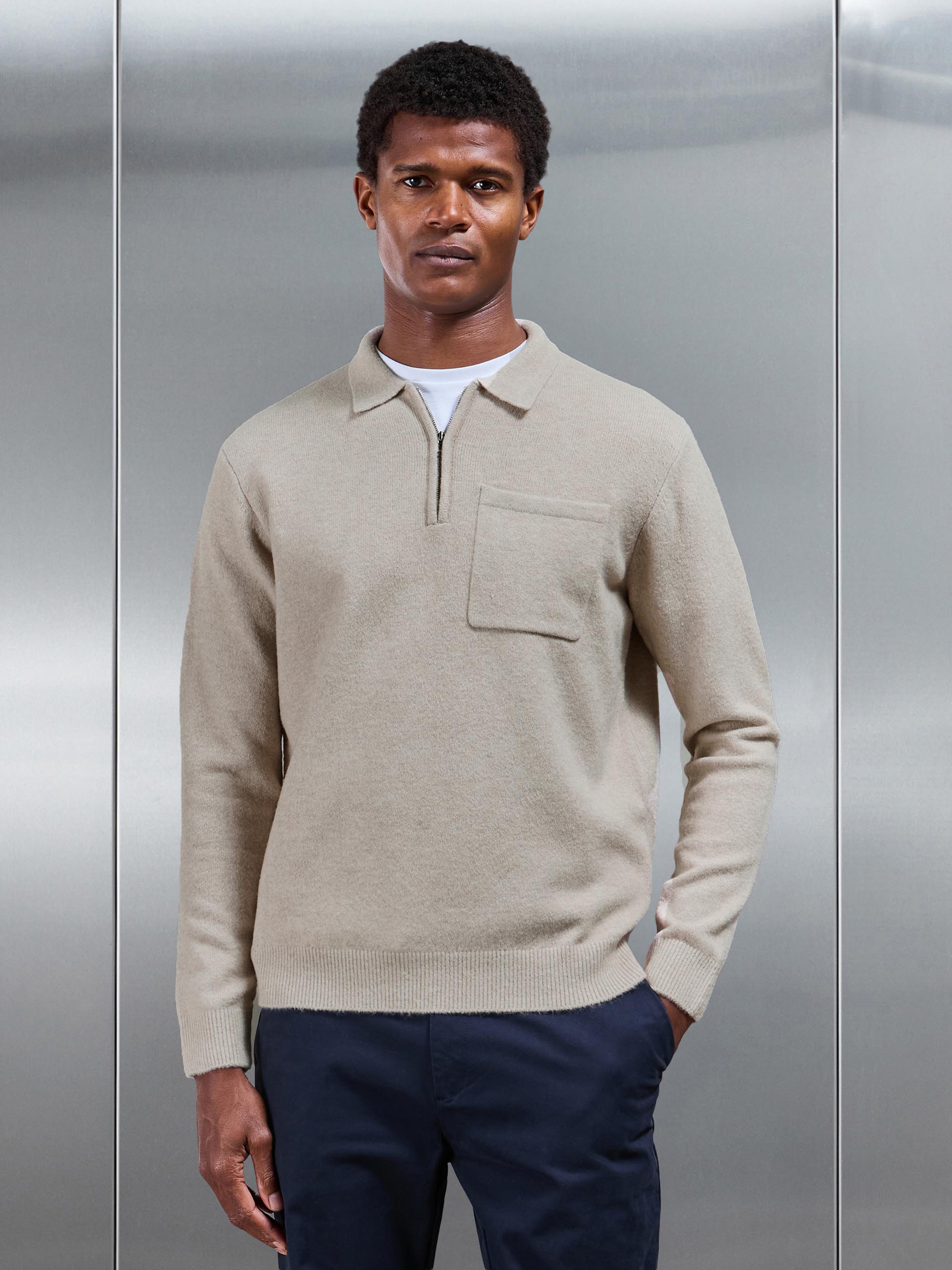 Mens Chunky Wool Zip Polo Shirt in Stone