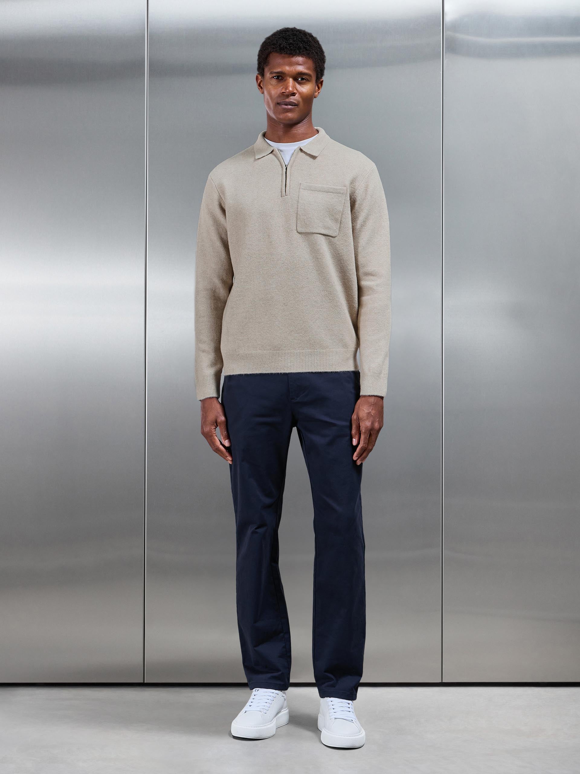 Mens Chunky Wool Zip Polo Shirt in Stone