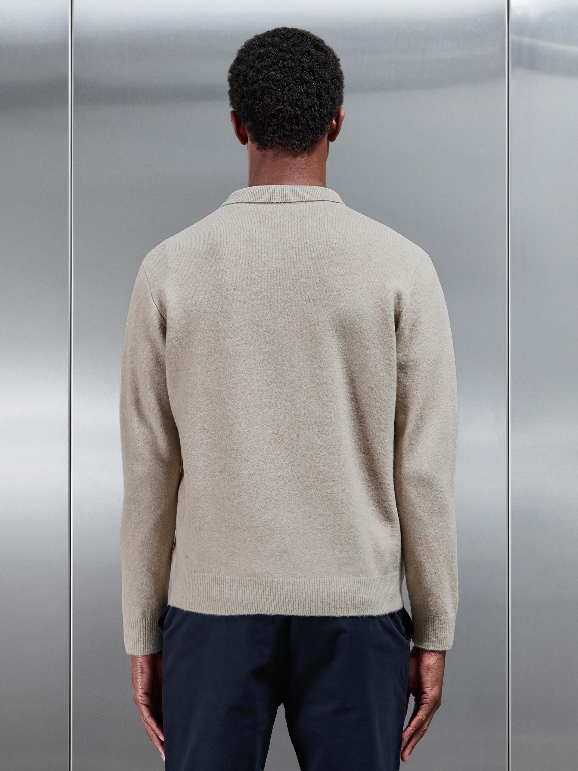 Mens Chunky Wool Zip Polo Shirt in Stone