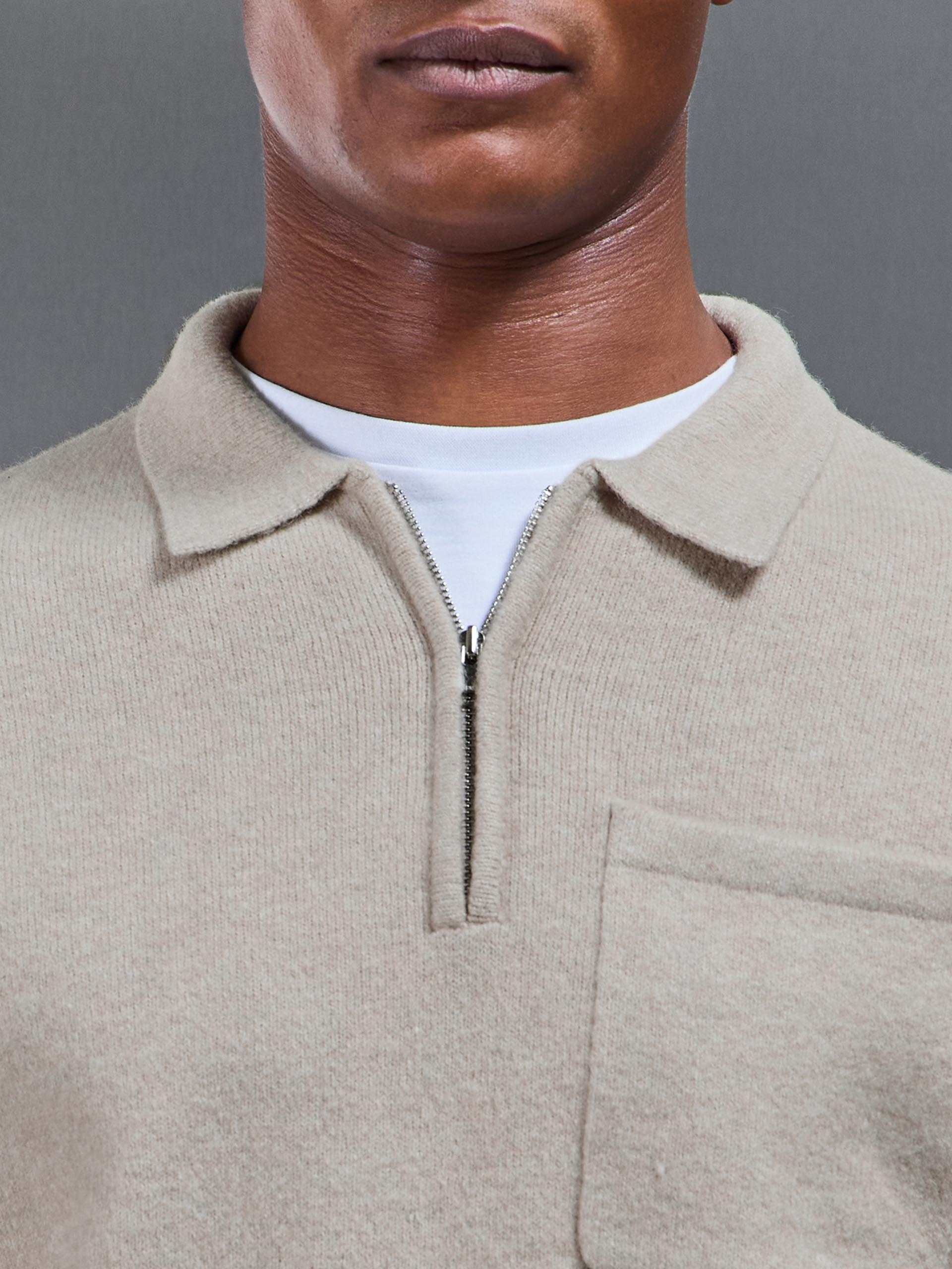 Mens Chunky Wool Zip Polo Shirt in Stone
