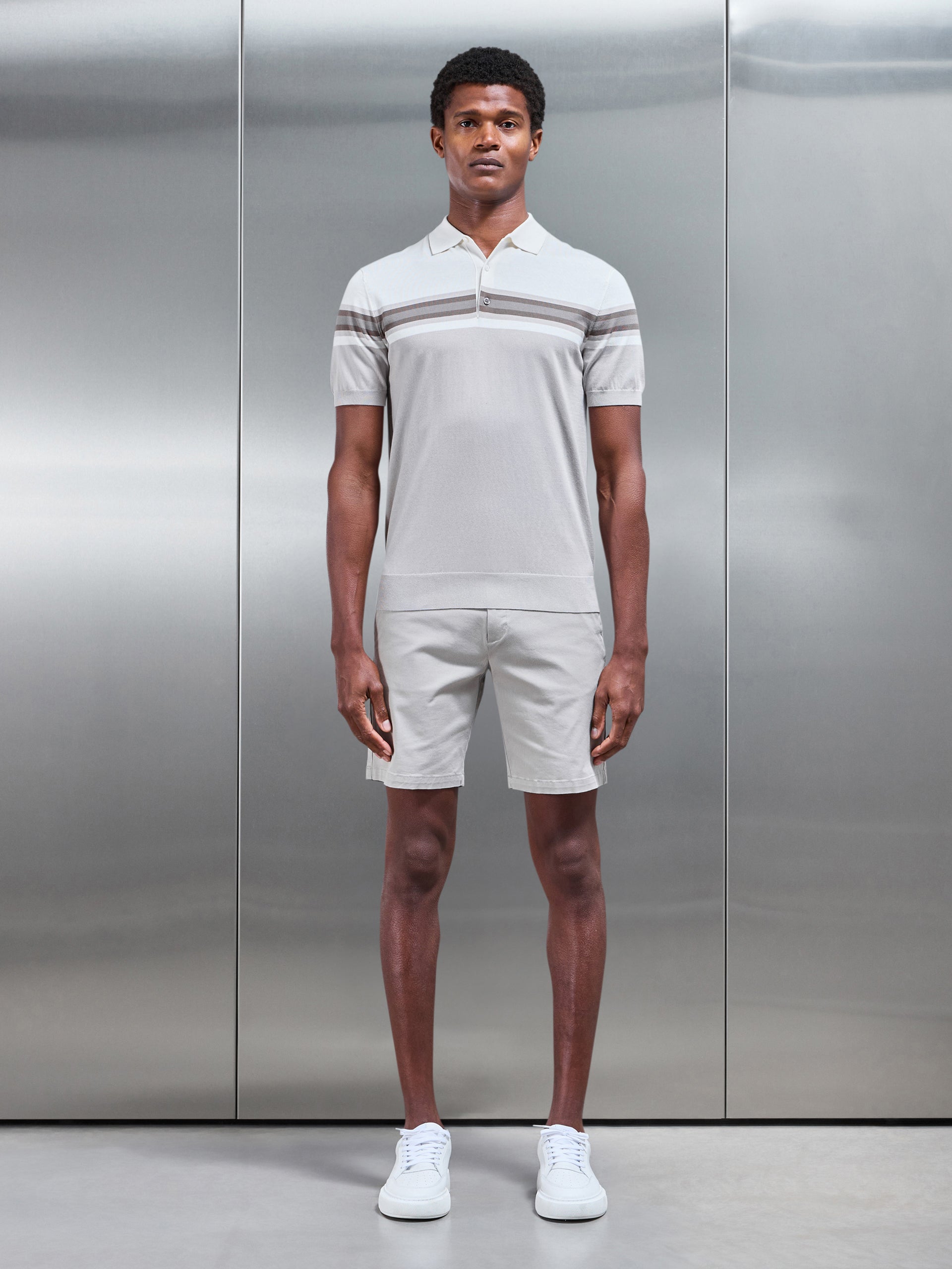 Mens Cotton And Silk Colour Block Button Polo Shirt in Taupe