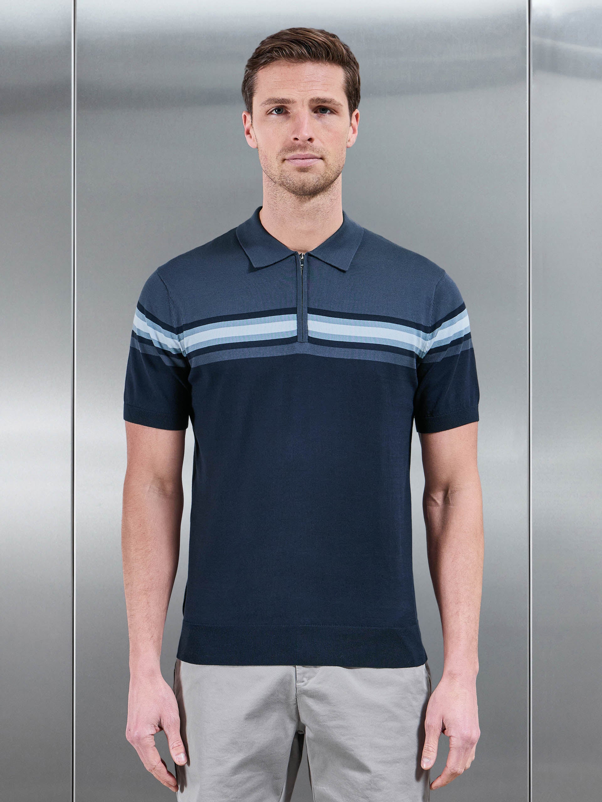 Mens Cotton And Silk Colour Block Zip Polo Shirt in Navy