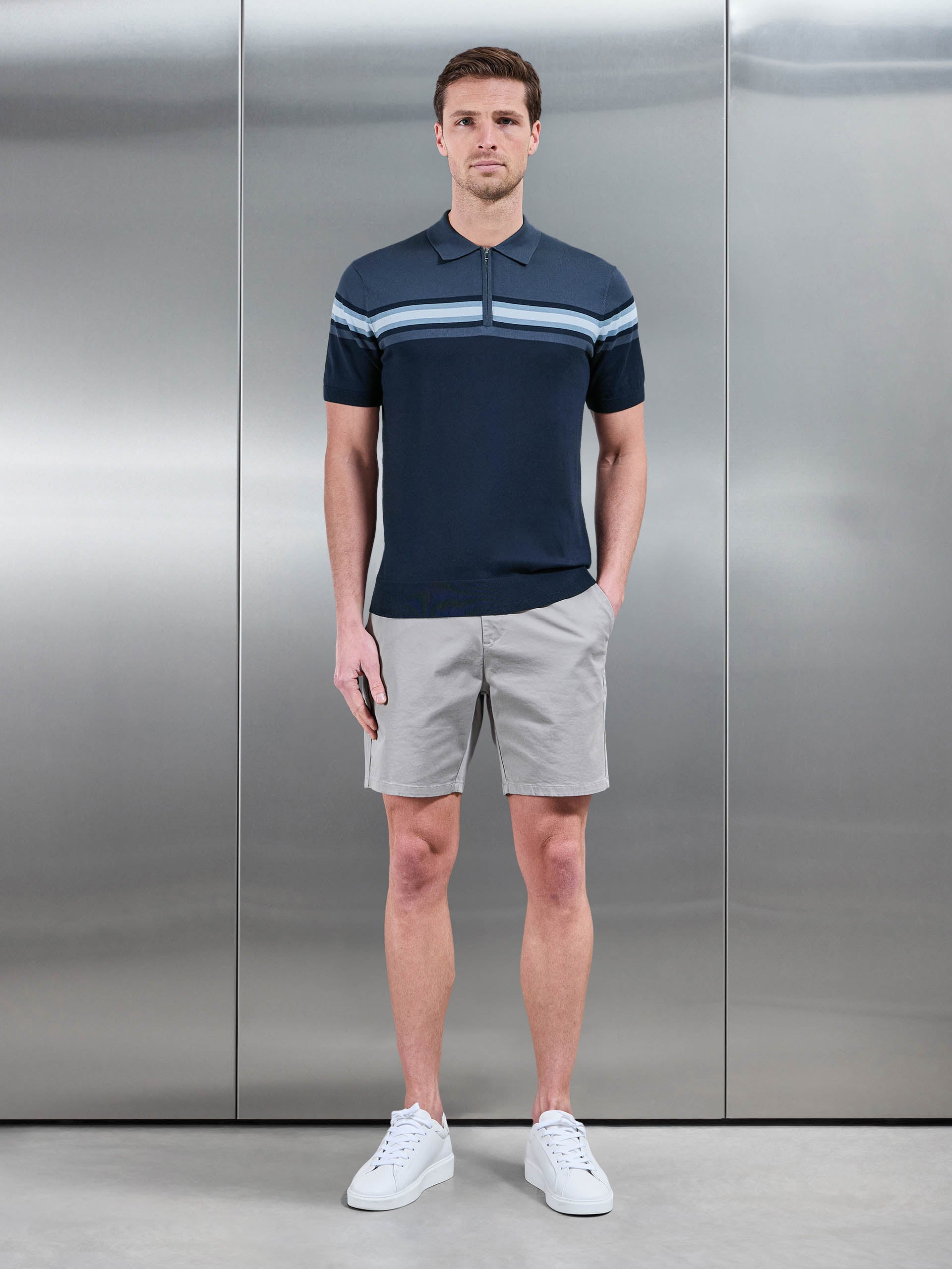 Mens Cotton And Silk Colour Block Zip Polo Shirt in Navy