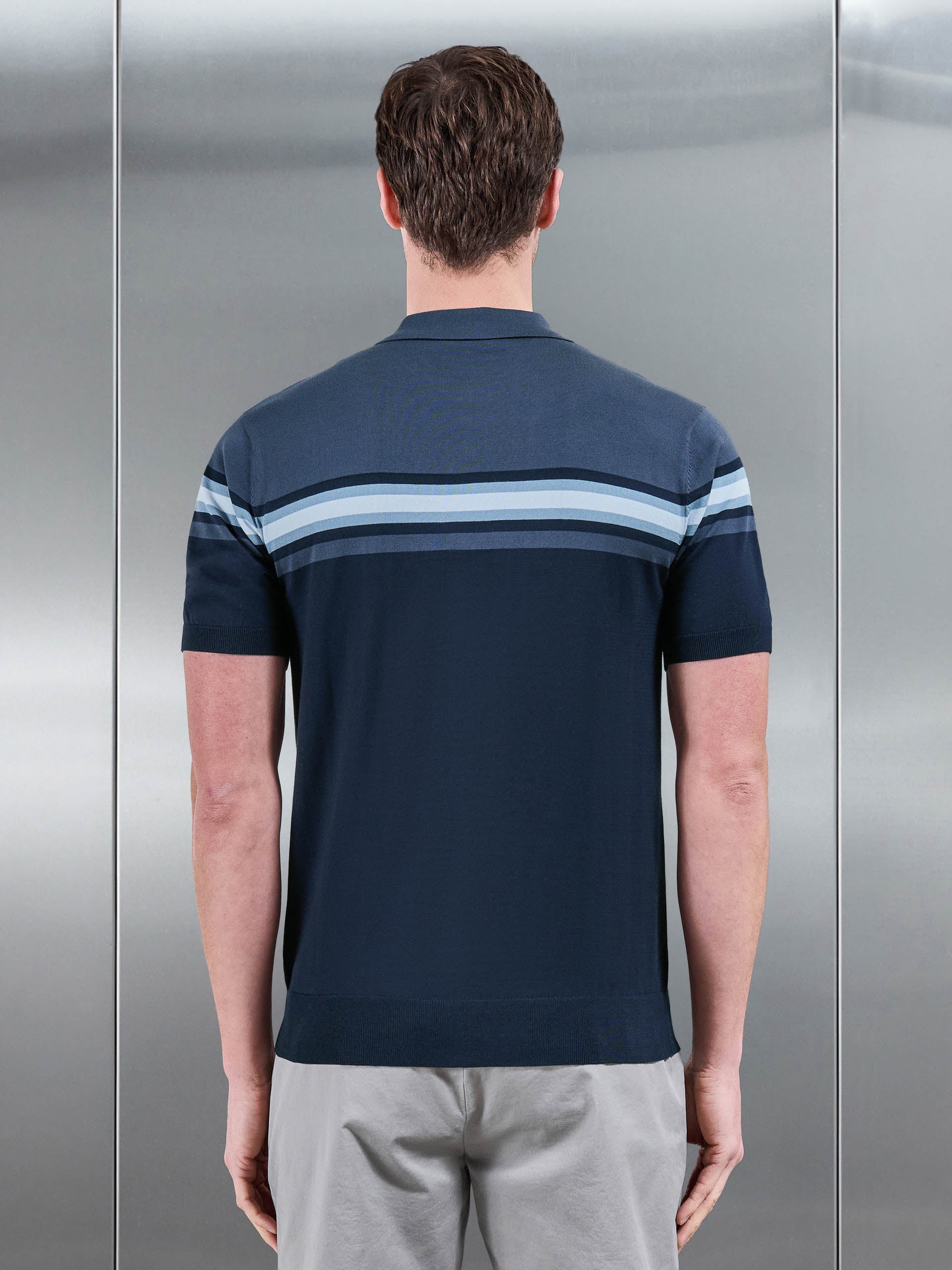 Mens Cotton And Silk Colour Block Zip Polo Shirt in Navy
