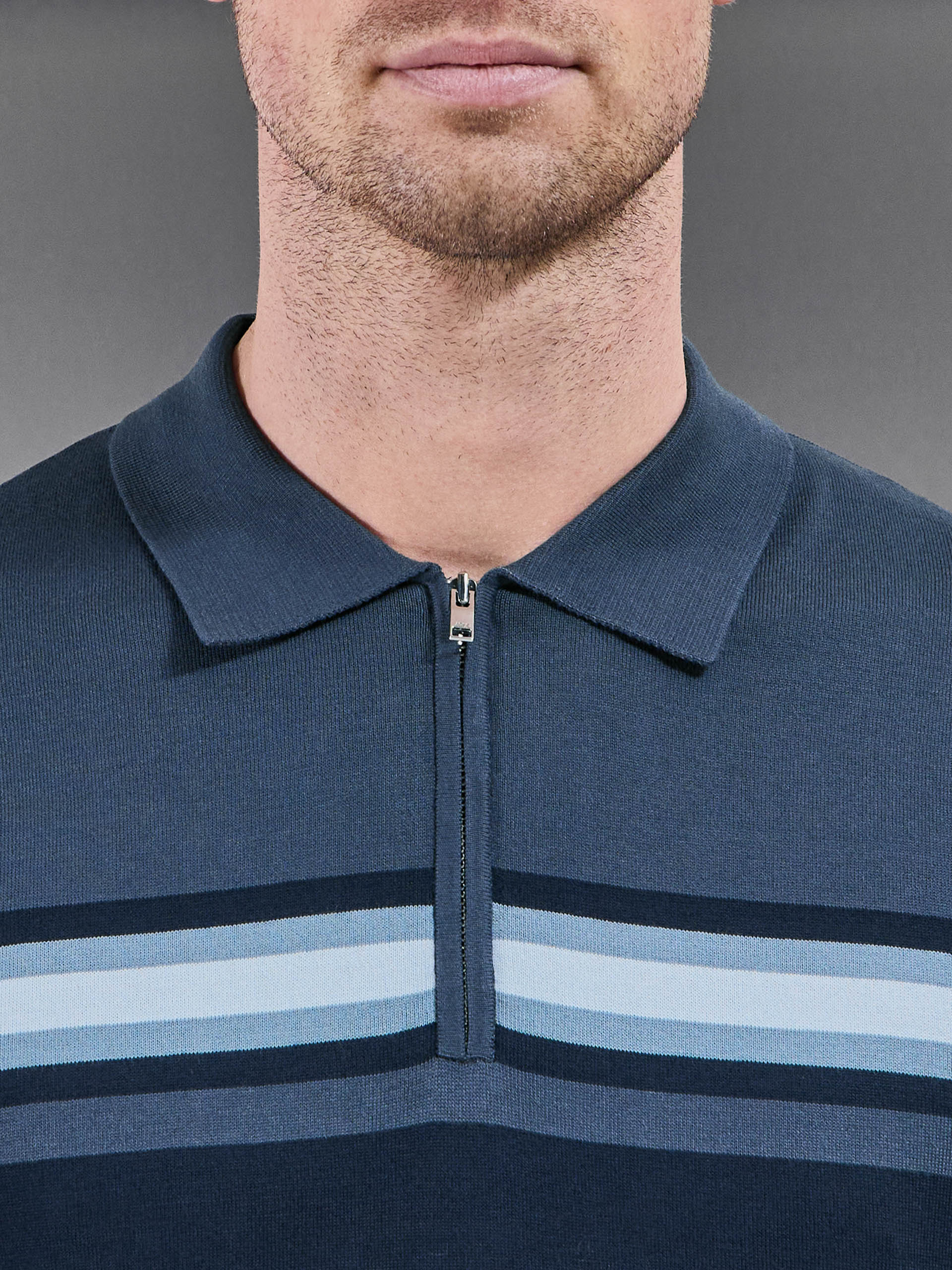 Mens Cotton And Silk Colour Block Zip Polo Shirt in Navy
