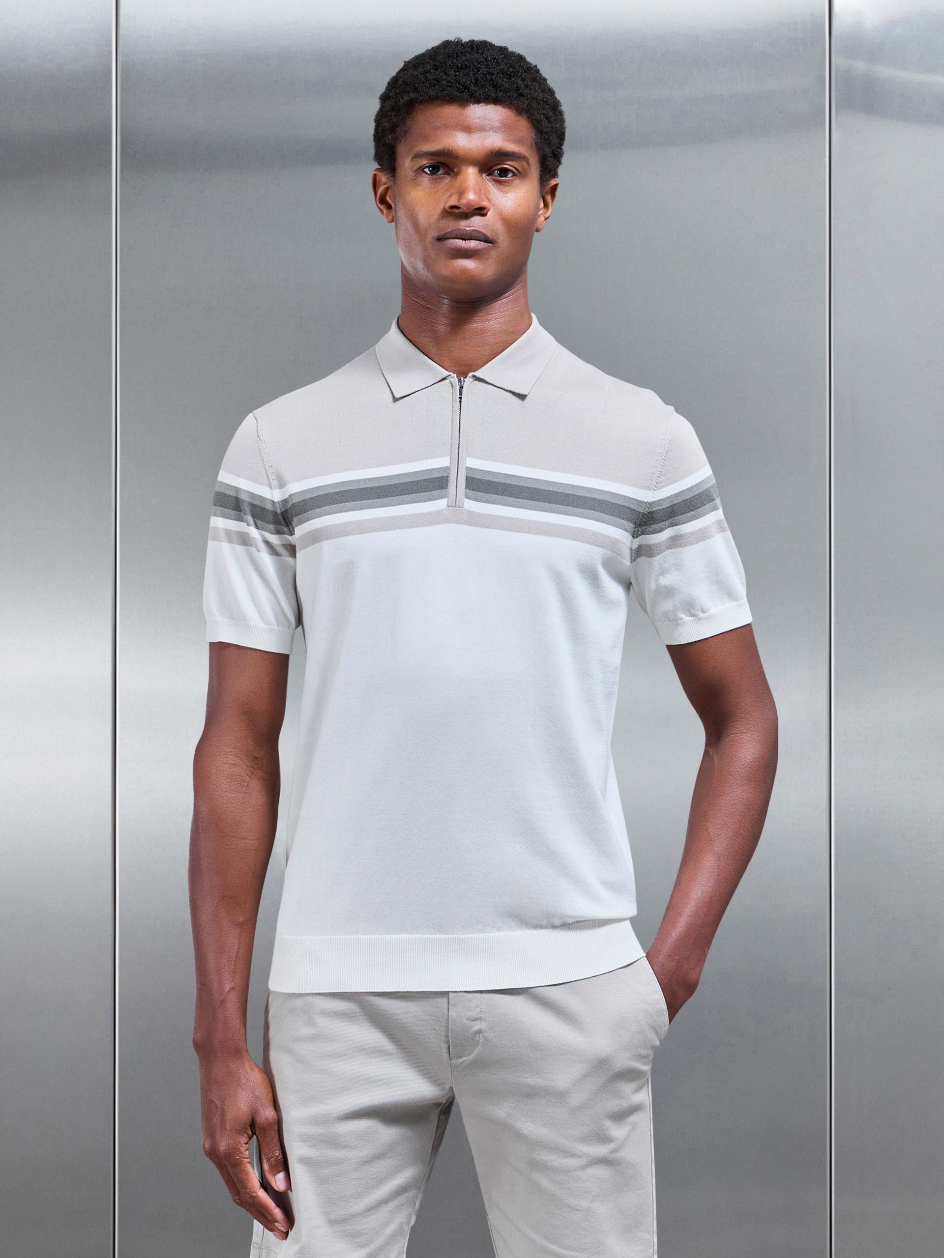 Mens Cotton And Silk Colour Block Zip Polo Shirt in White Sage