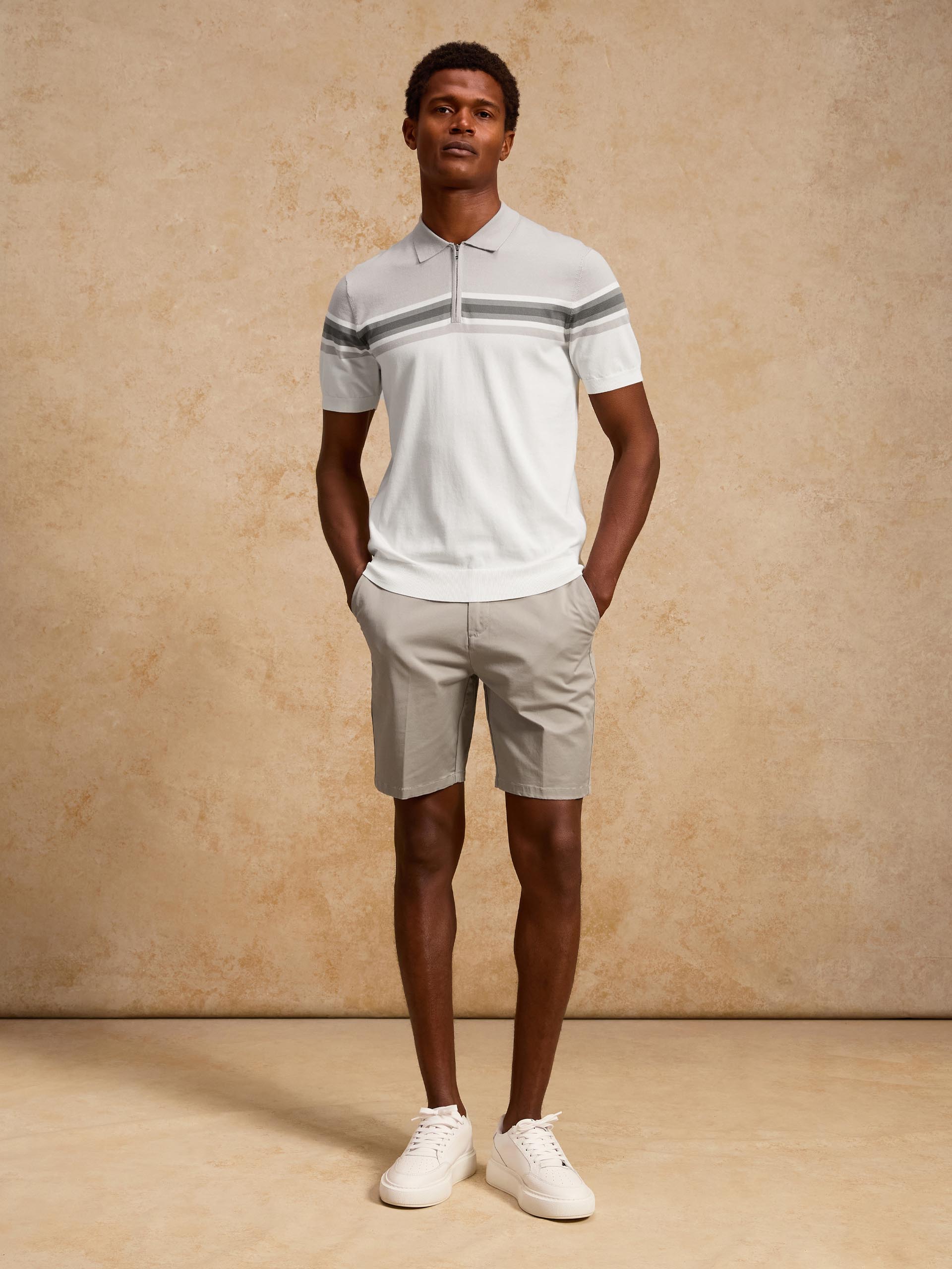 Mens Cotton And Silk Colour Block Zip Polo Shirt in White Sage
