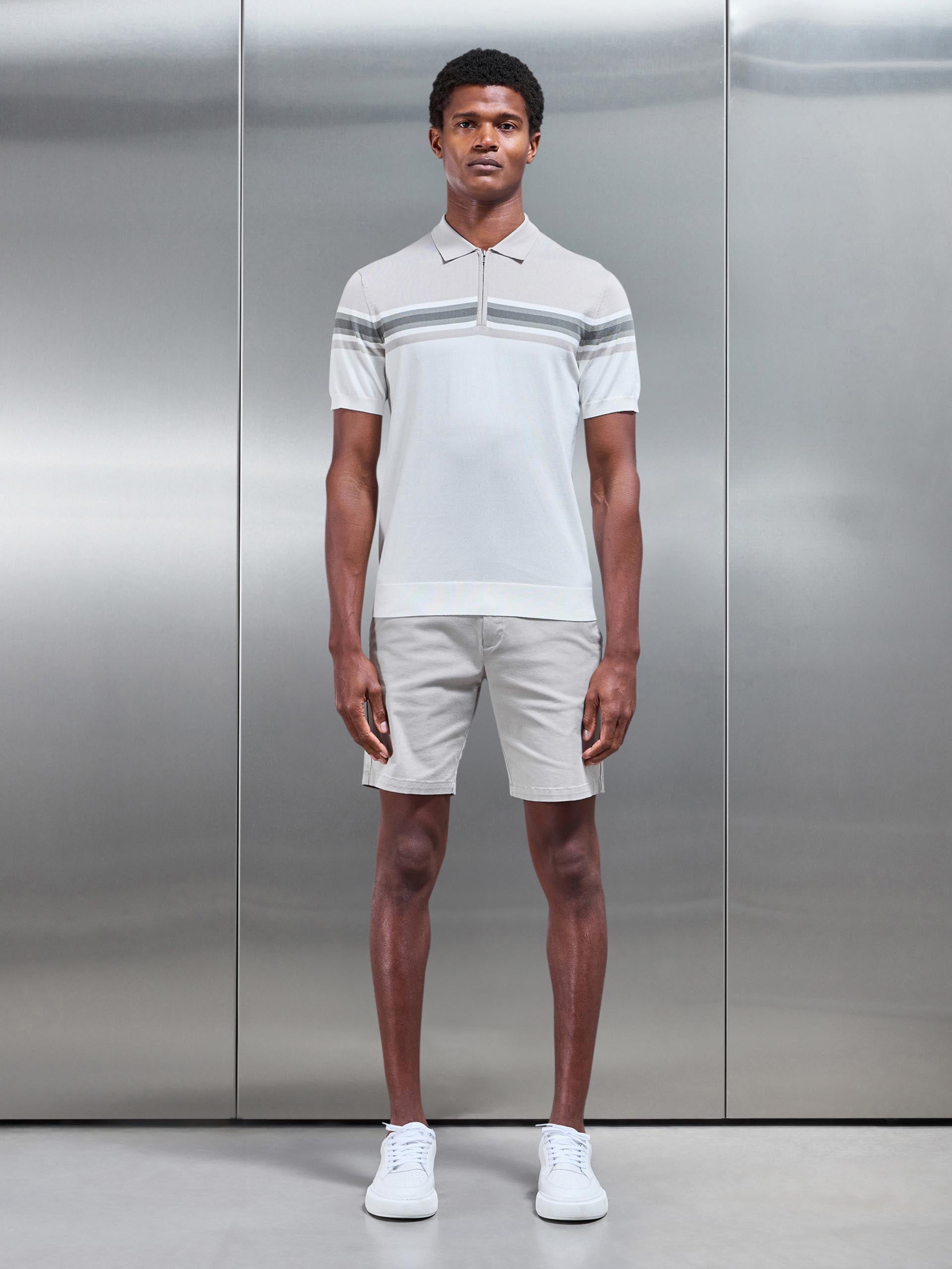 Mens Cotton And Silk Colour Block Zip Polo Shirt in White Sage